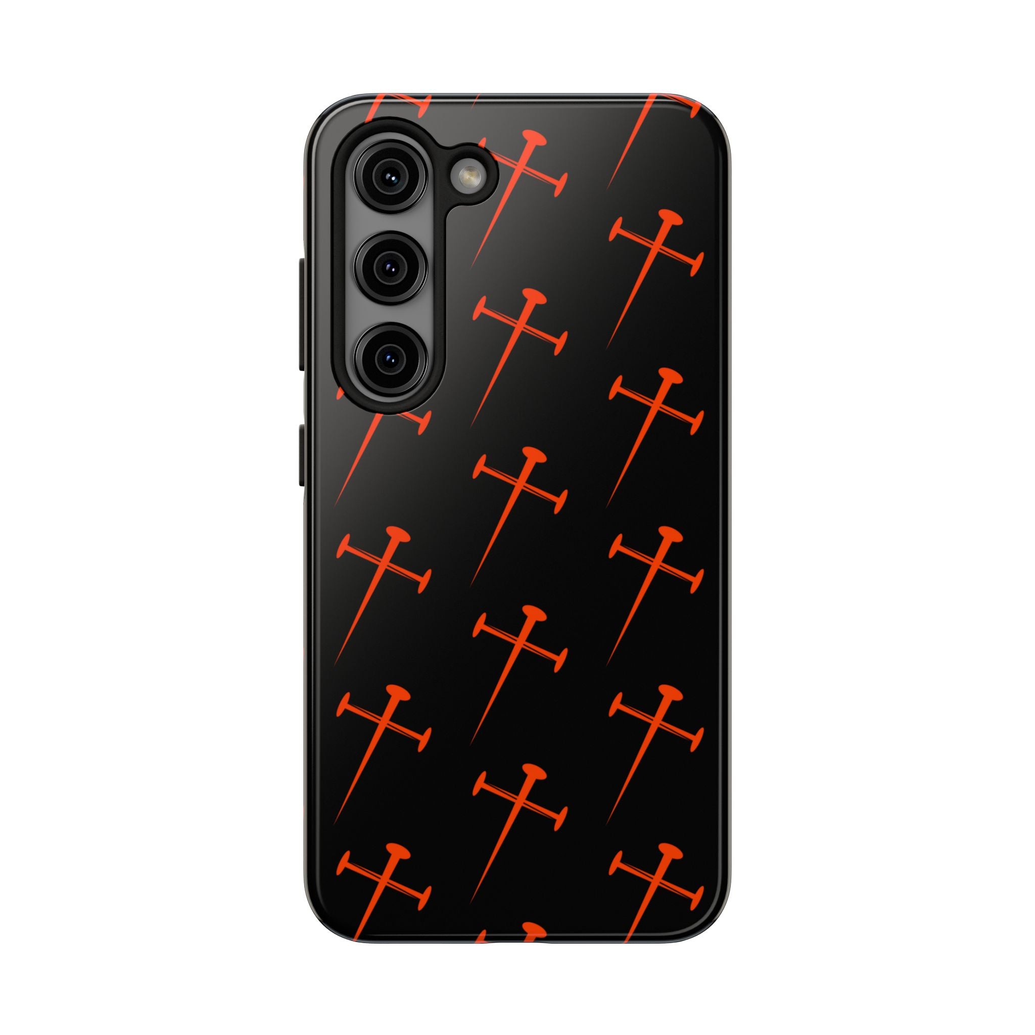 Black Tough Phone Case with Orange Nail Cross Pattern