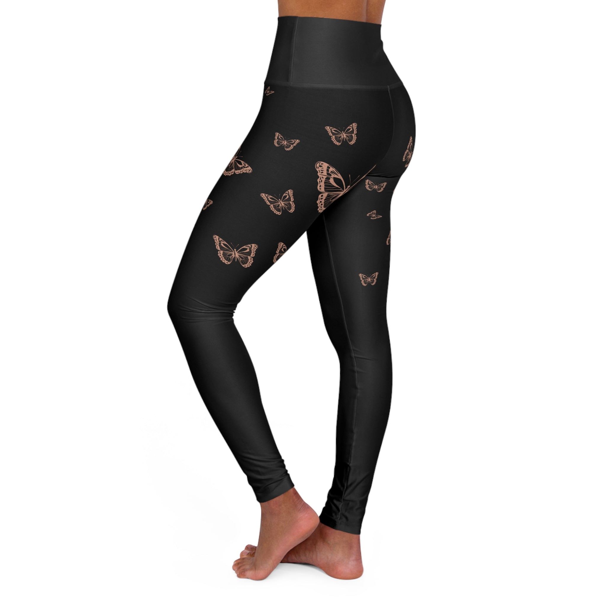 Butterfly Print High-Waist Leggings — Black Rose Gold Accent
