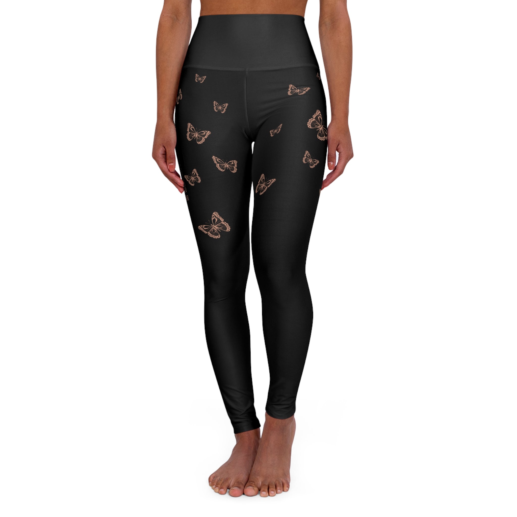 Butterfly Print High-Waist Leggings — Black Rose Gold Accent