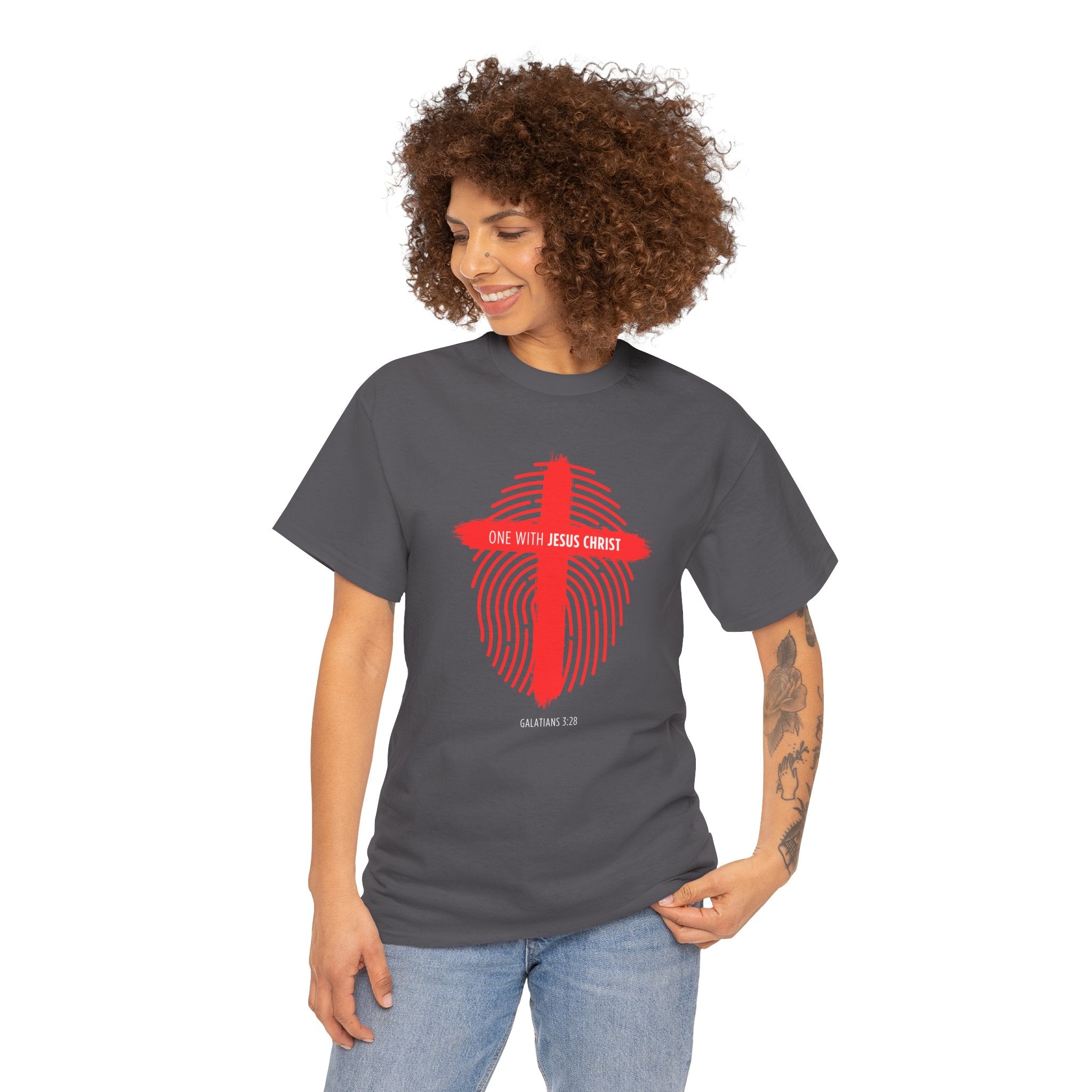 Christian T‑Shirt — "One with Jesus Christ" Red Cross Fingerprint Design