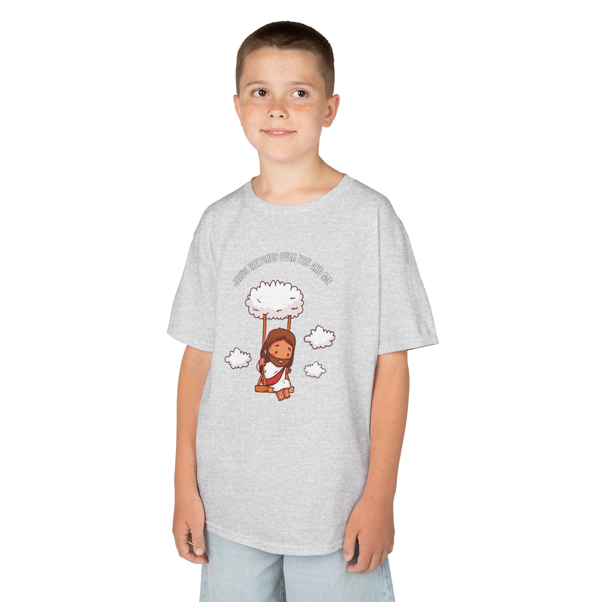 Kids Tee — Cute Jesus on Swing Under Cloud "Jesus Watches Over You and Me"