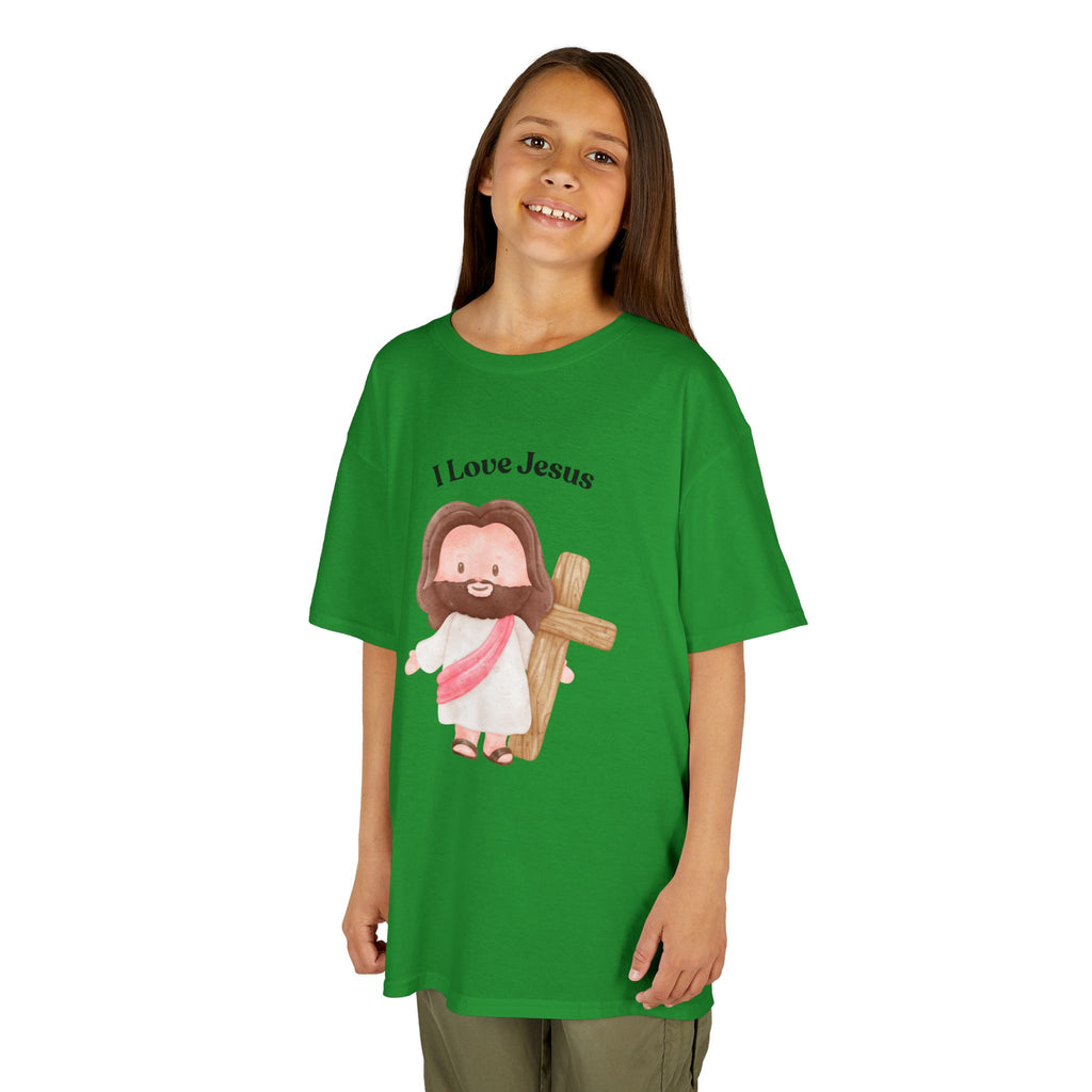Kids T-Shirt — Cute "I Love Jesus" Cartoon Jesus Holding Cross — Christian Easter Gift for Children