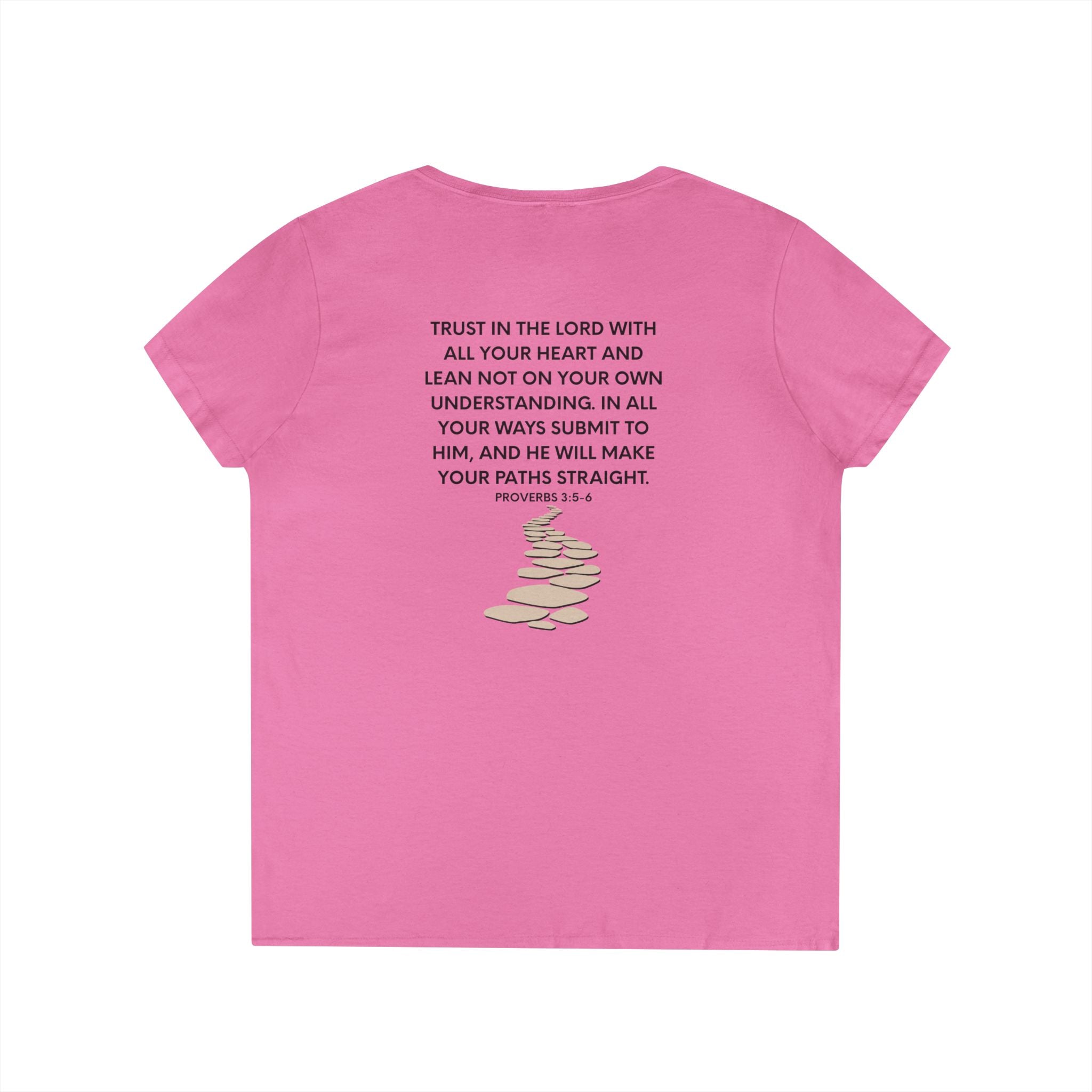 Ladies' V-Neck T-Shirt — Heart "TRUST" Faith Tee with Proverbs 3:5 Back Design