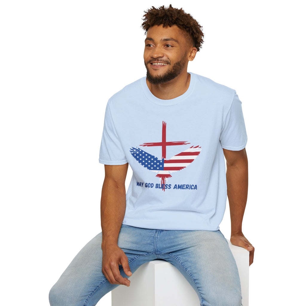 Patriotic Eagle T-Shirt — "May God Bless America" Flag Cross Graphic