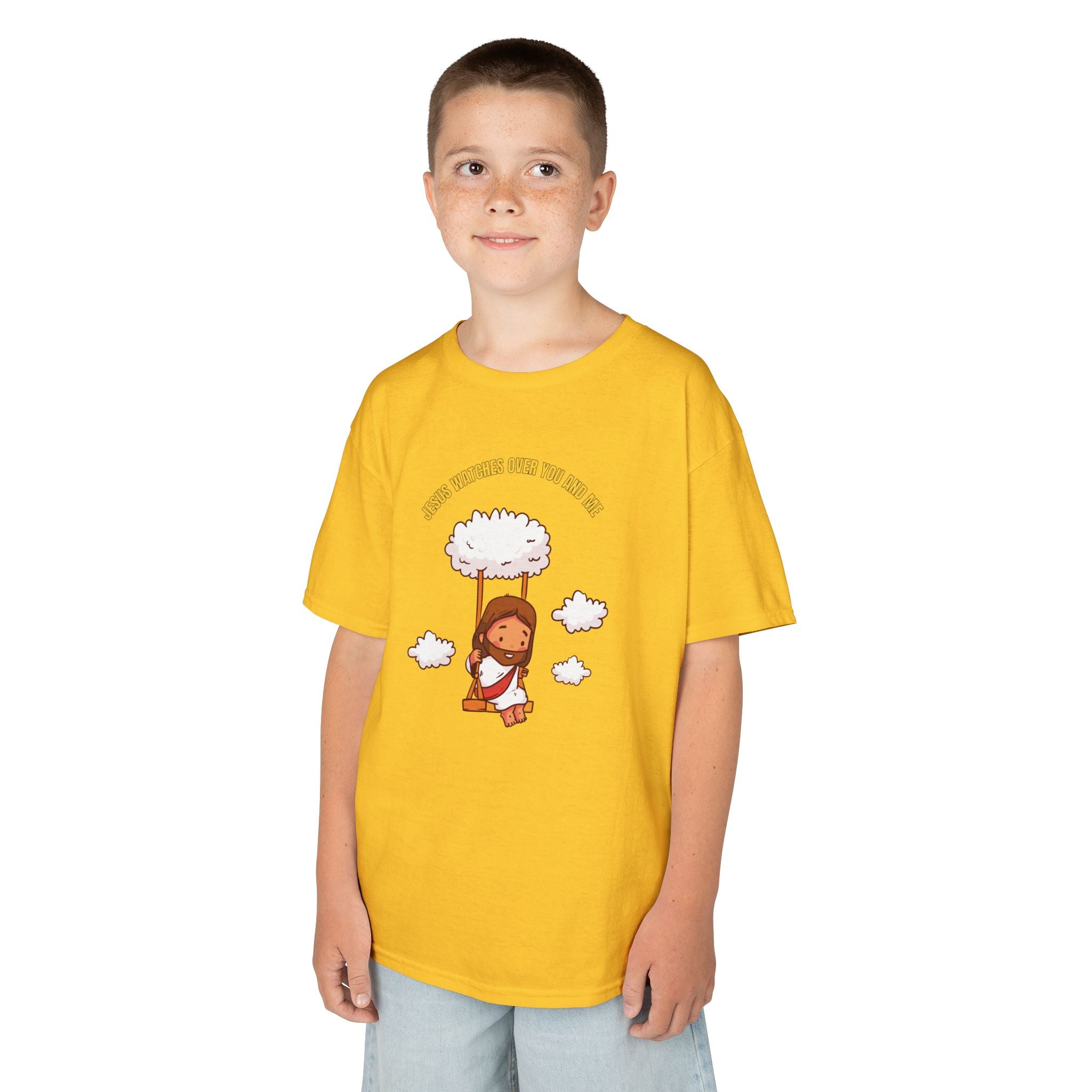 Kids Tee — Cute Jesus on Swing Under Cloud "Jesus Watches Over You and Me"