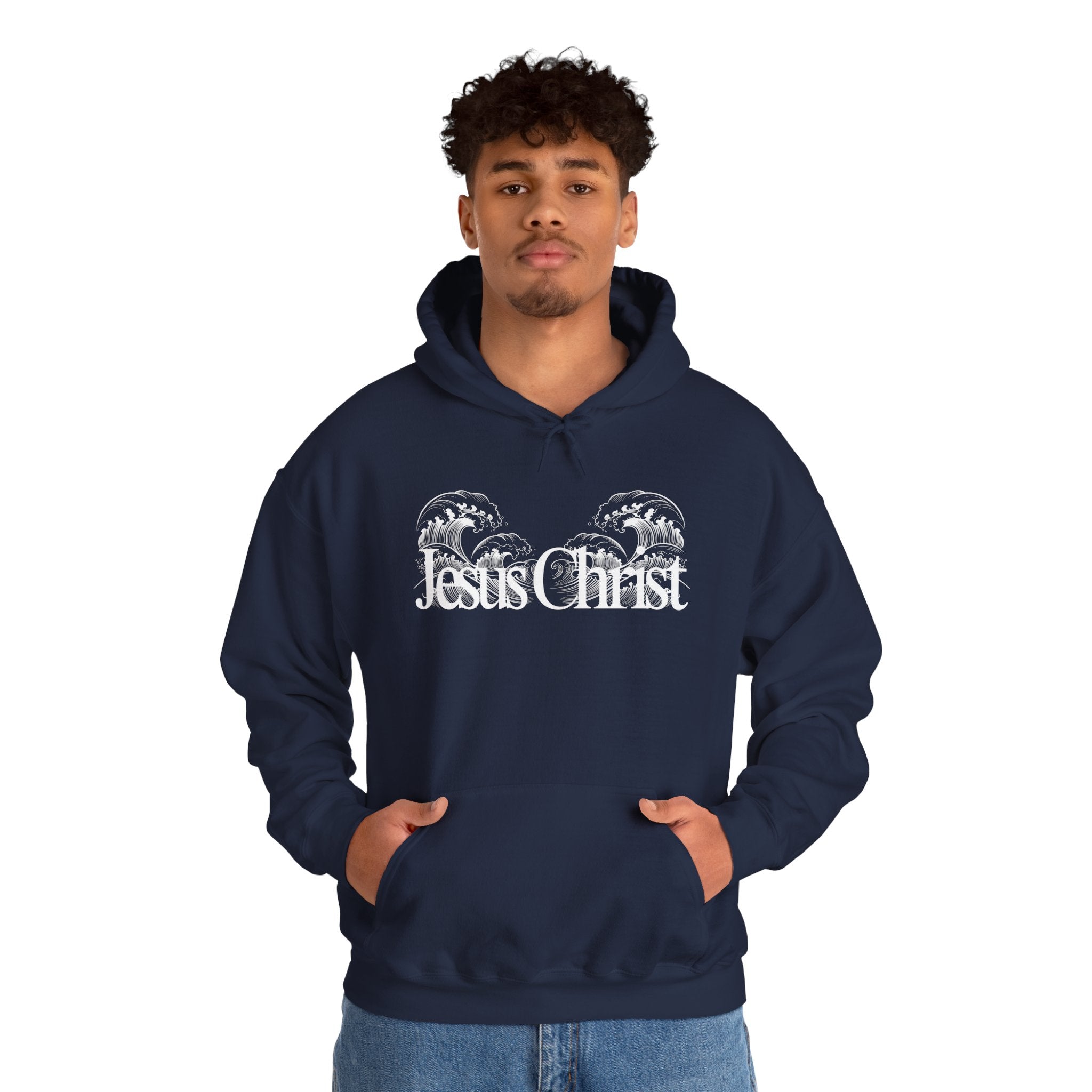 Jesus Christ Hoodie — Wave Graphic with Scripture Back (Faith-Based Christian Sweatshirt)