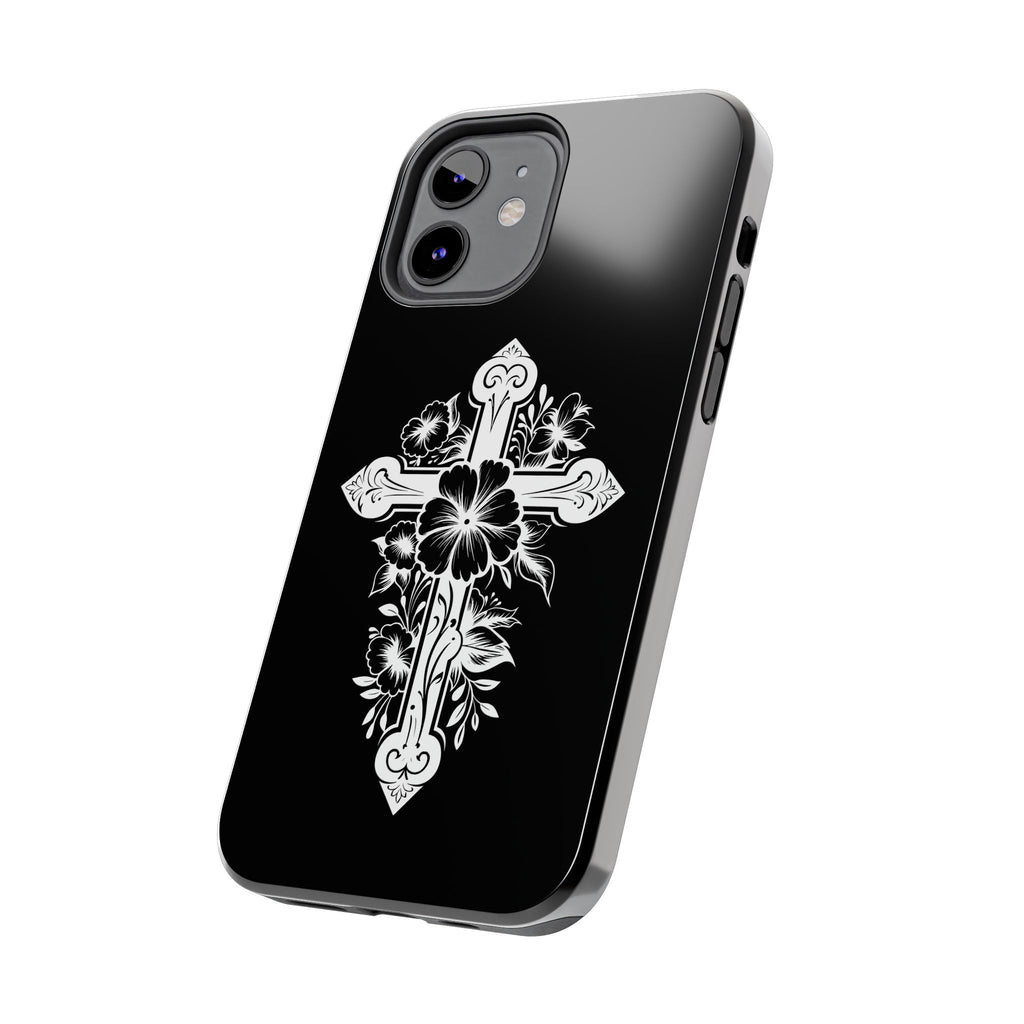 Floral Cross Tough Phone Case — Black Protective Christian Phone Cover