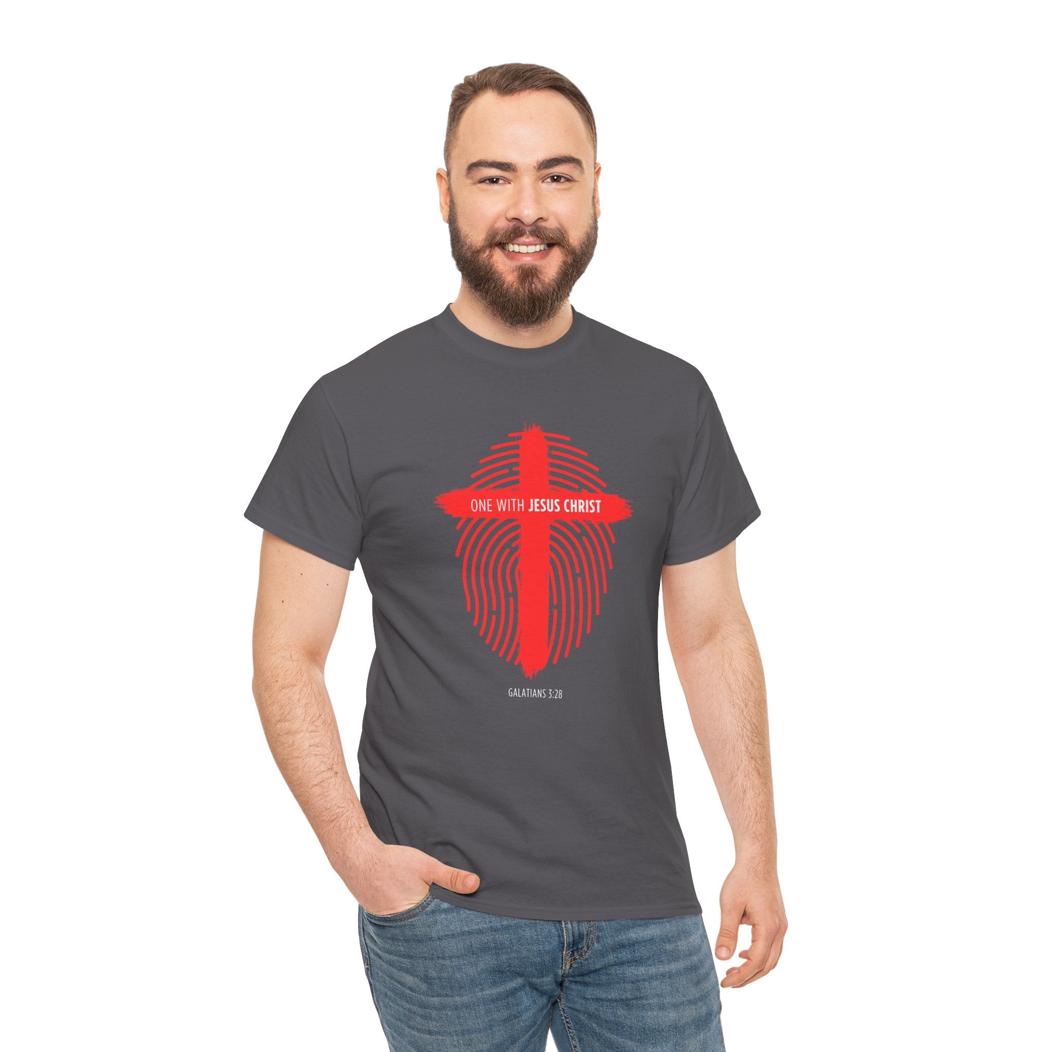 Christian T‑Shirt — "One with Jesus Christ" Red Cross Fingerprint Design