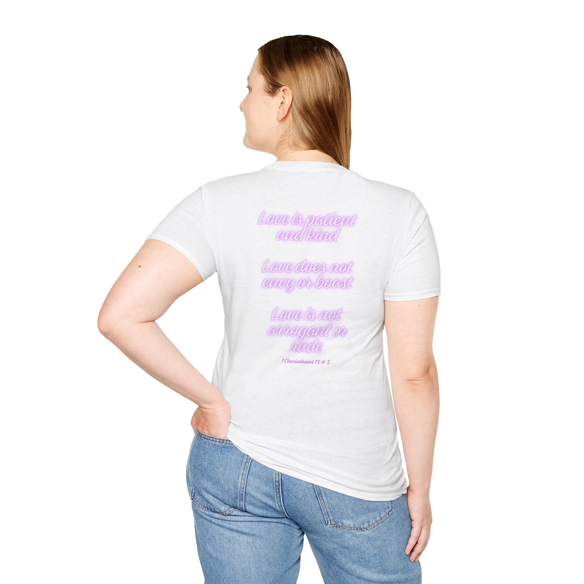 Love Purple Scripture Tee — "Love is patient and kind" Christian T-Shirt