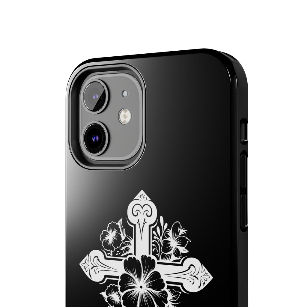 Floral Cross Tough Phone Case — Black Protective Christian Phone Cover