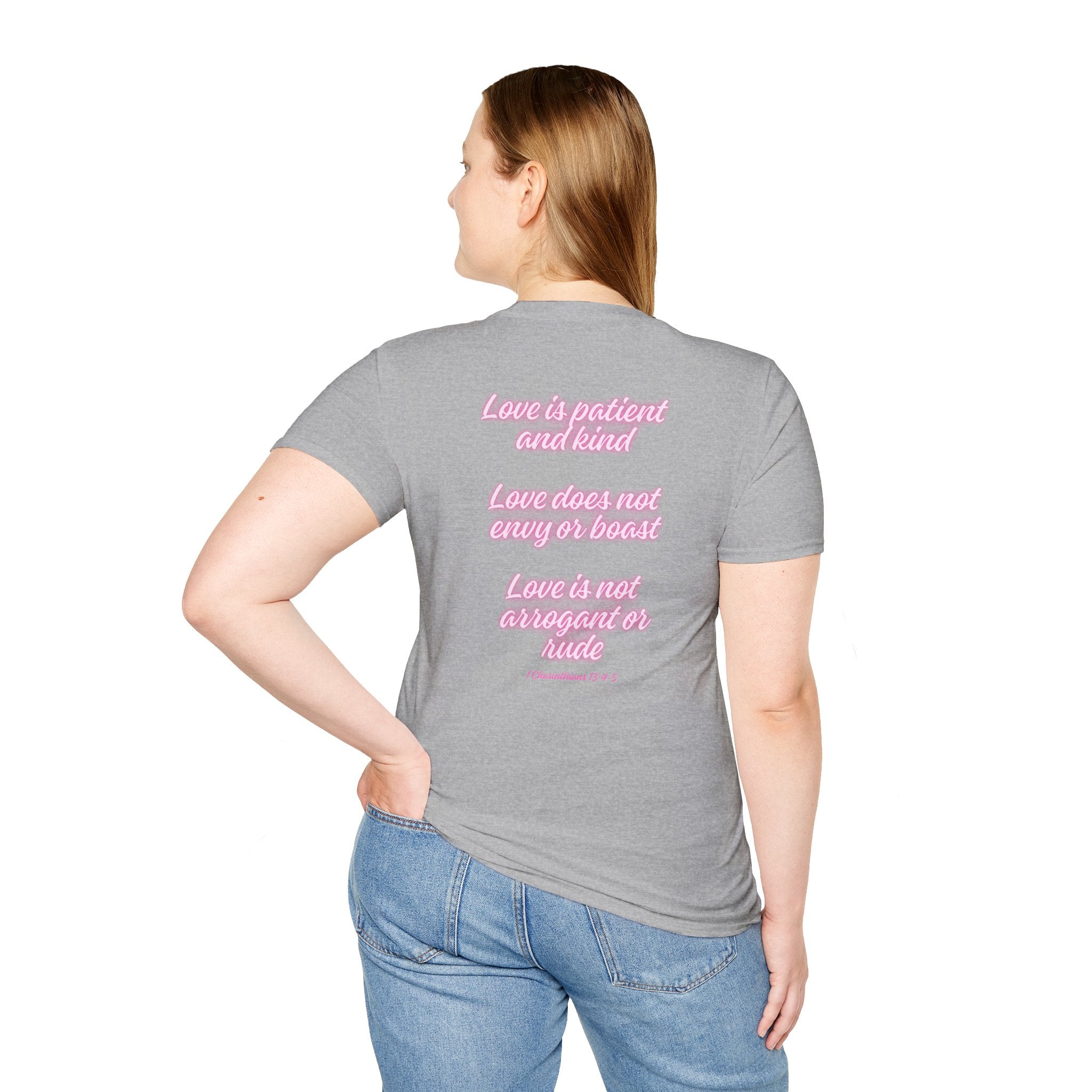 Love Script T-Shirt — Pink Neon "Love" Graphic with Scripture Back