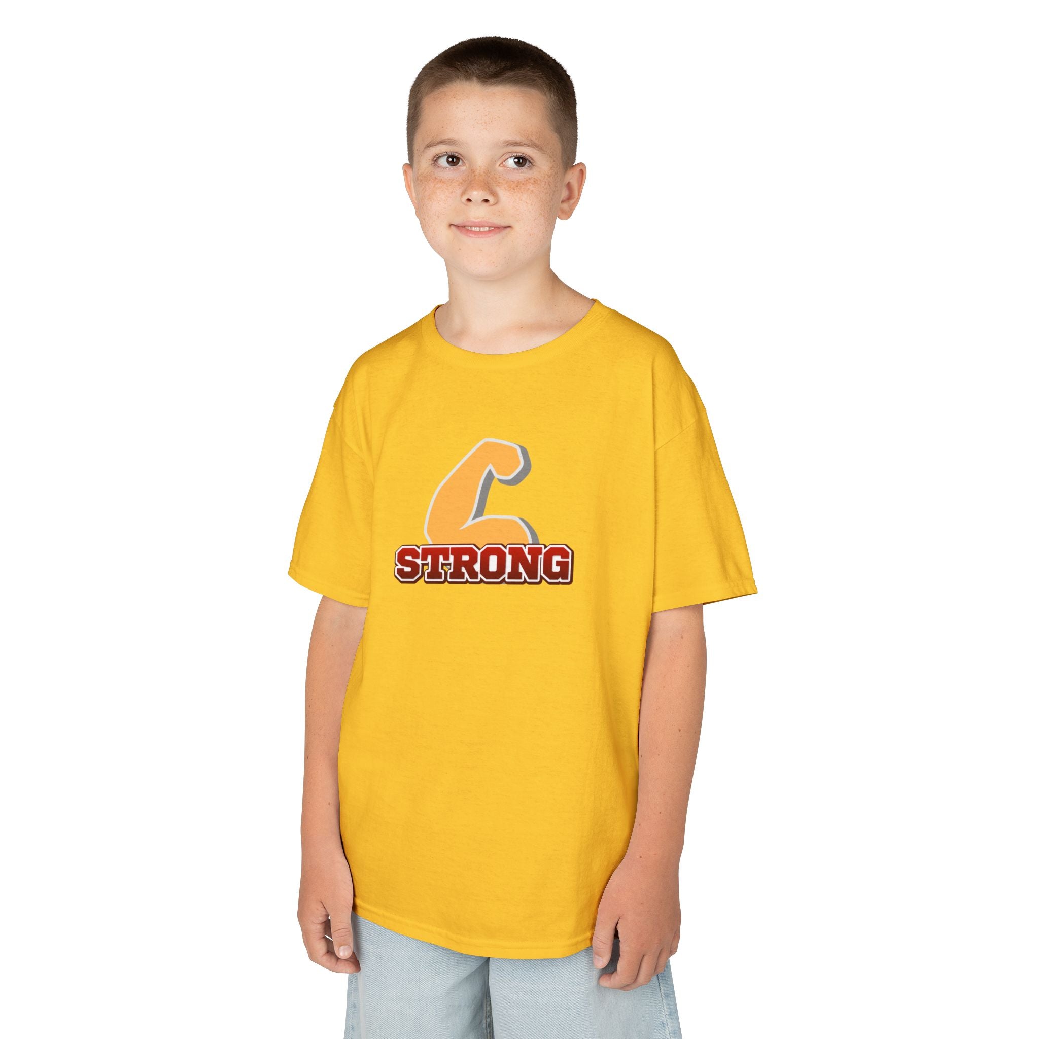 Kids Tee — "Strong" Muscle Graphic with Philippians 4:13 Back (Christian Inspirational)