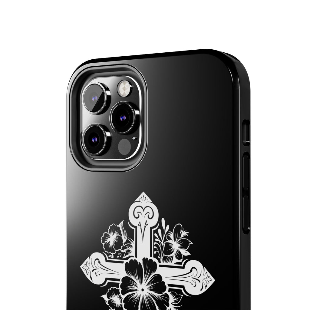 Floral Cross Tough Phone Case — Black Protective Christian Phone Cover