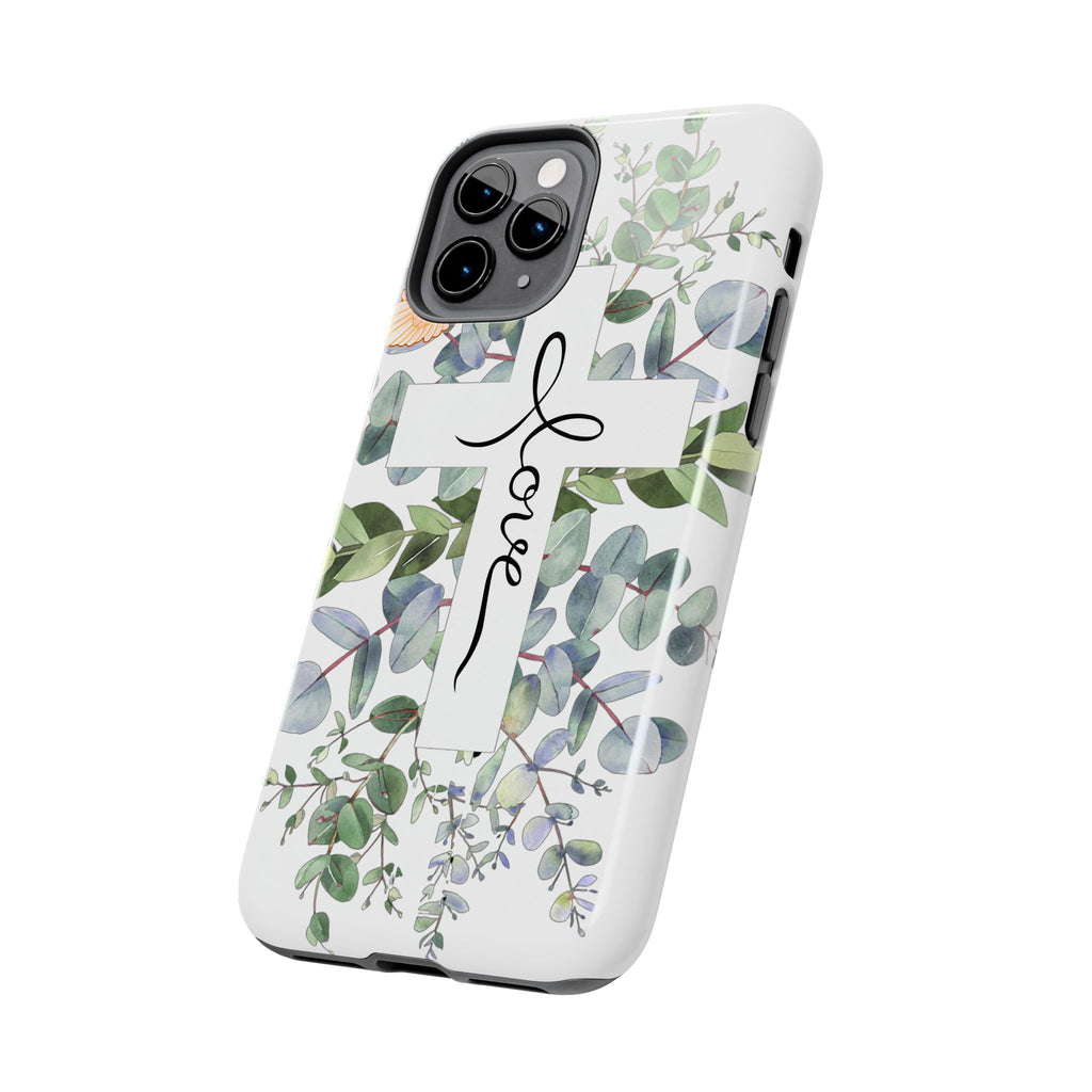 Religious Cross Tough Phone Case — Eucalyptus Floral "Love" Design