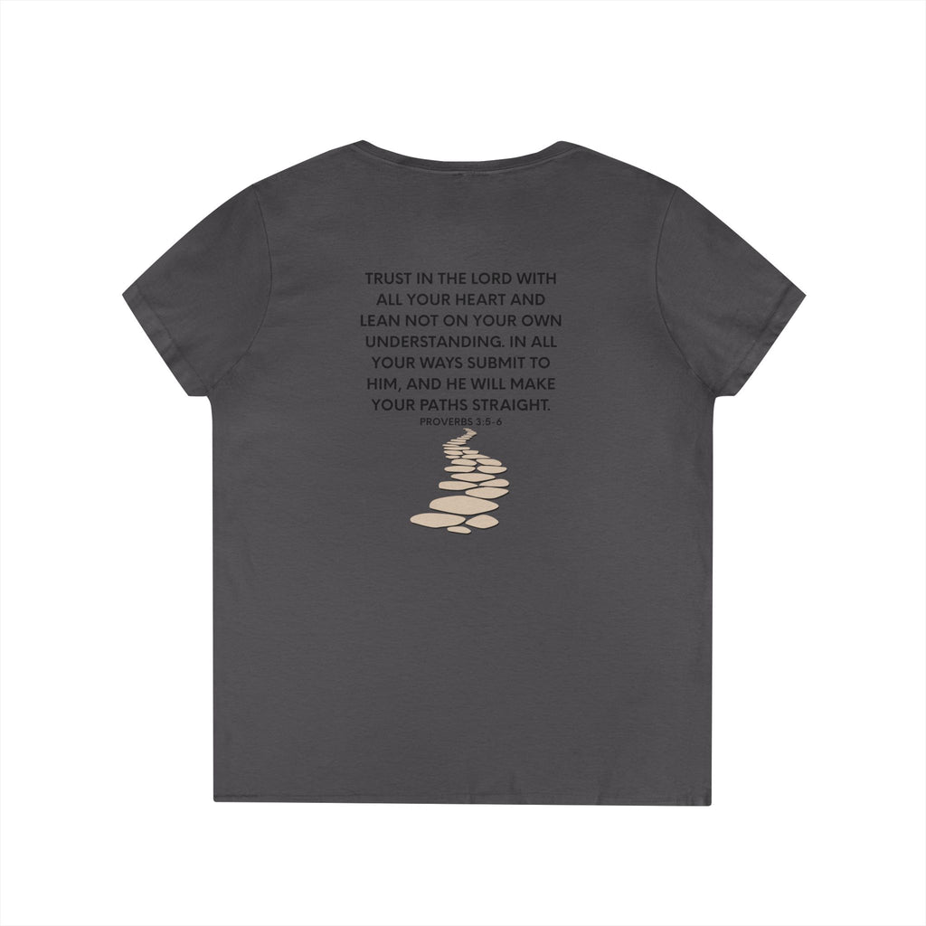 Ladies' V-Neck T-Shirt — Heart "TRUST" Faith Tee with Proverbs 3:5 Back Design
