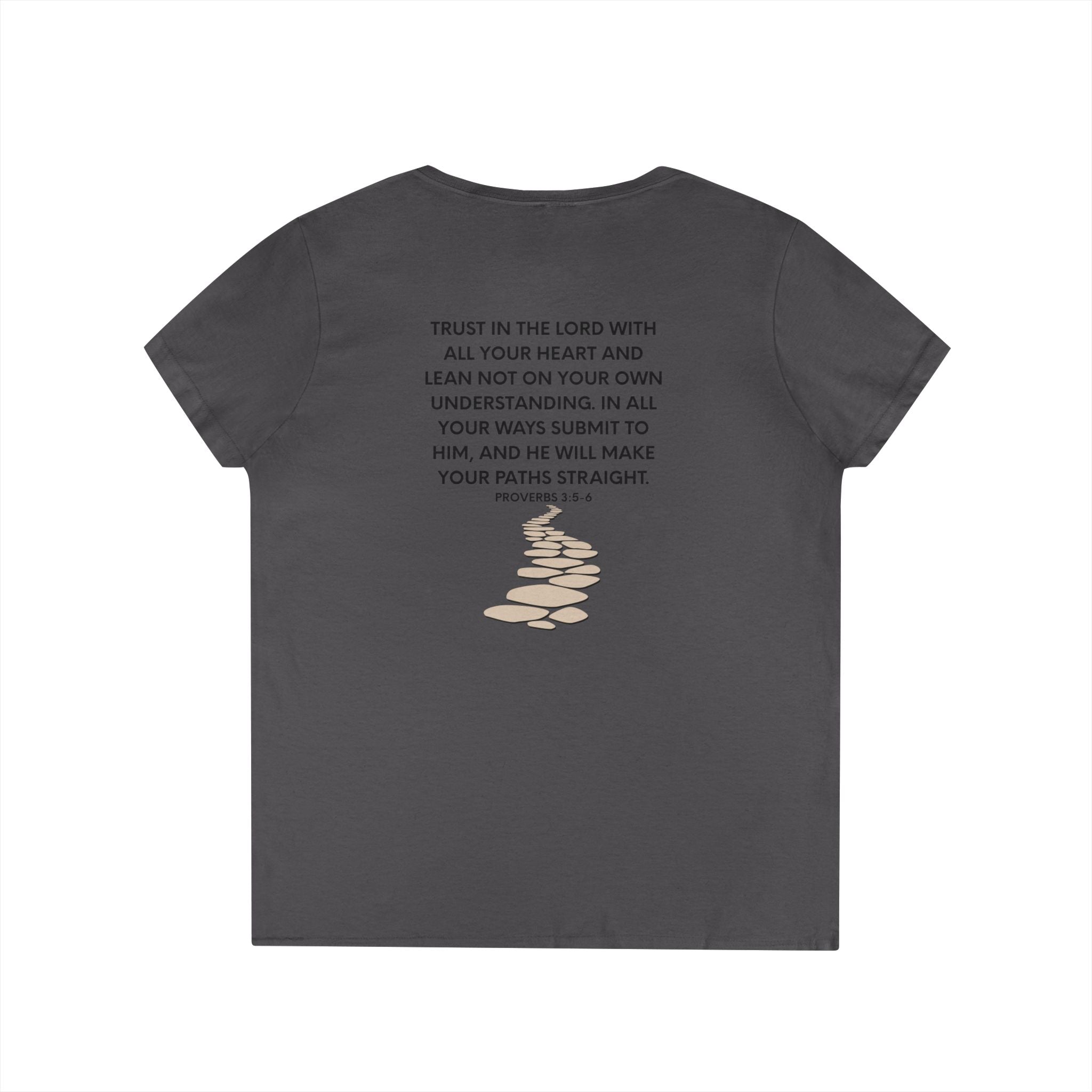 Ladies' V-Neck T-Shirt — Heart "TRUST" Faith Tee with Proverbs 3:5 Back Design