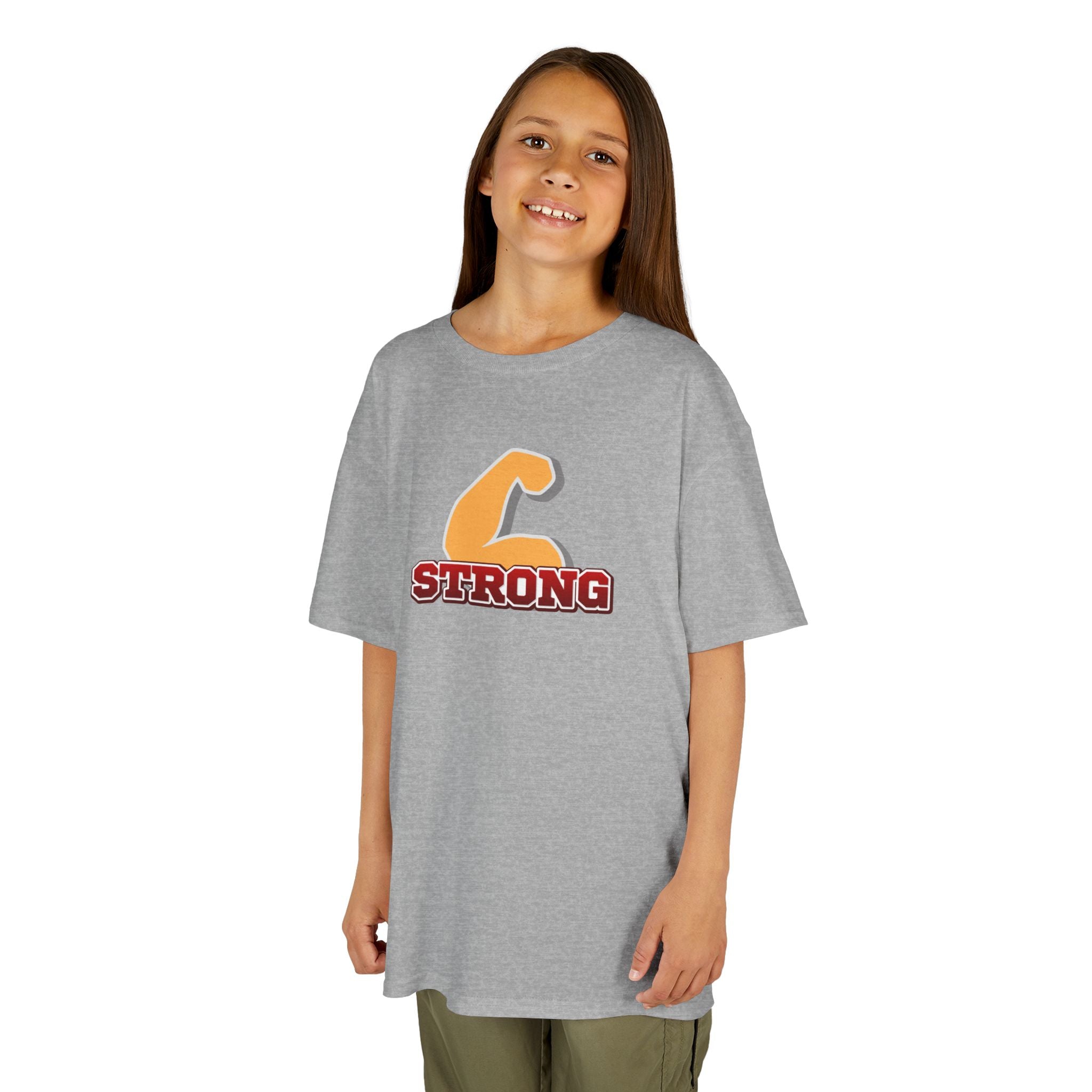 Kids Tee — "Strong" Muscle Graphic with Philippians 4:13 Back (Christian Inspirational)