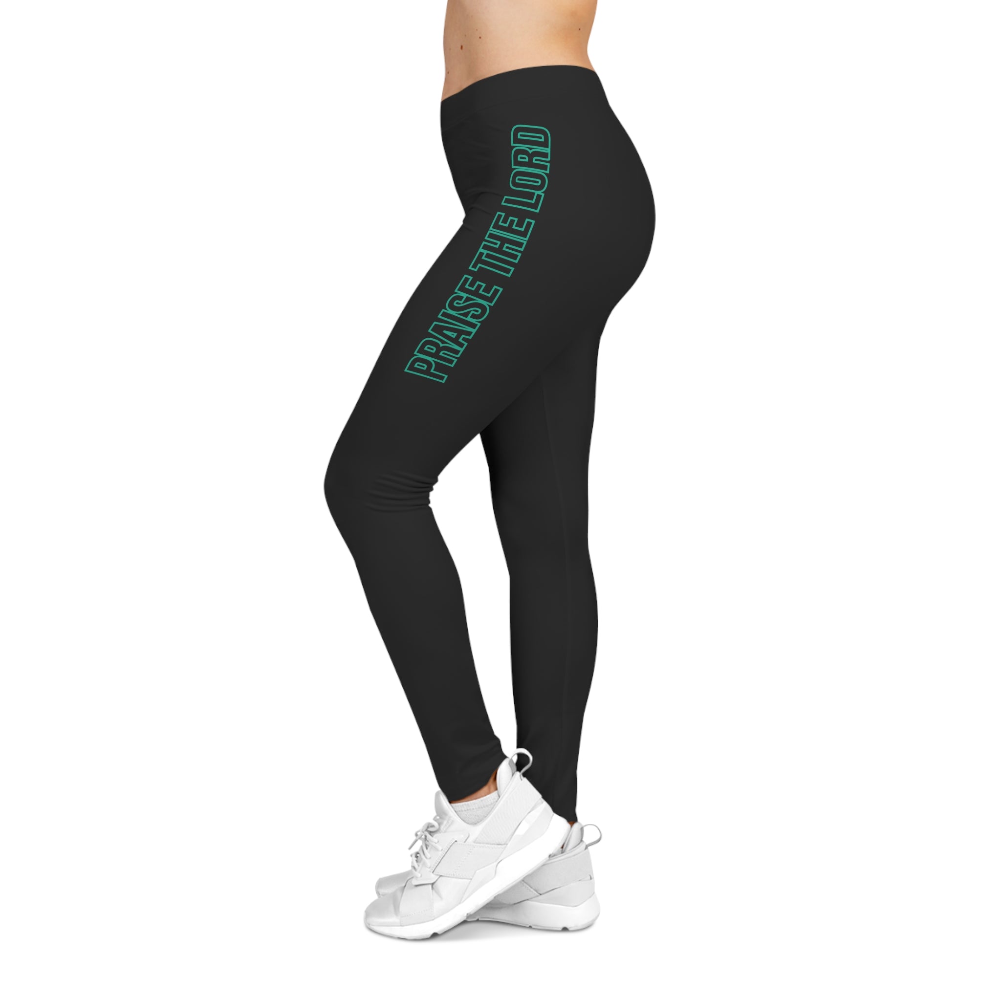 Women's Black Praise The Lord Graphic Leggings — Teal Script 'Praise The Lord' 'Deauteronomy 31:6' Side Print