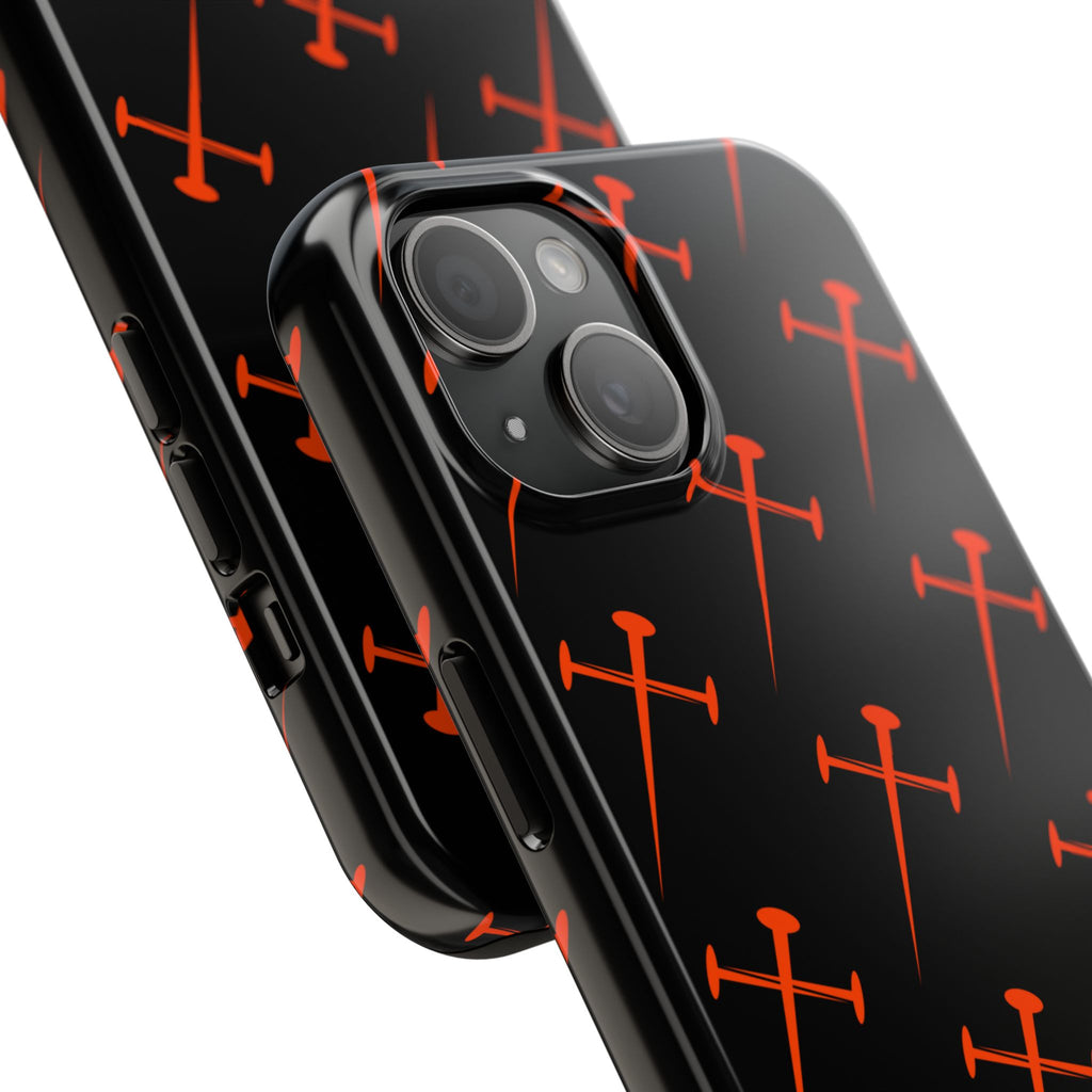 Black Tough Phone Case with Orange Nail Cross Pattern