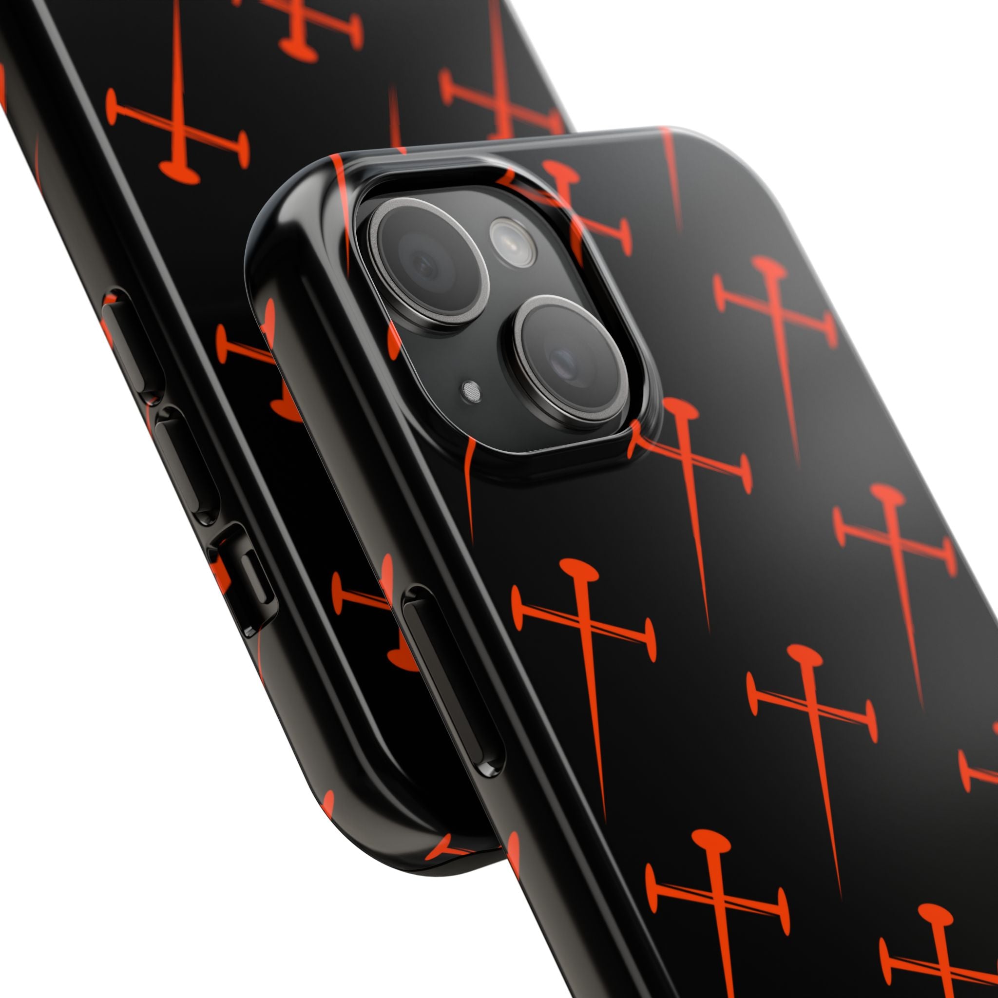 Black Tough Phone Case with Orange Nail Cross Pattern