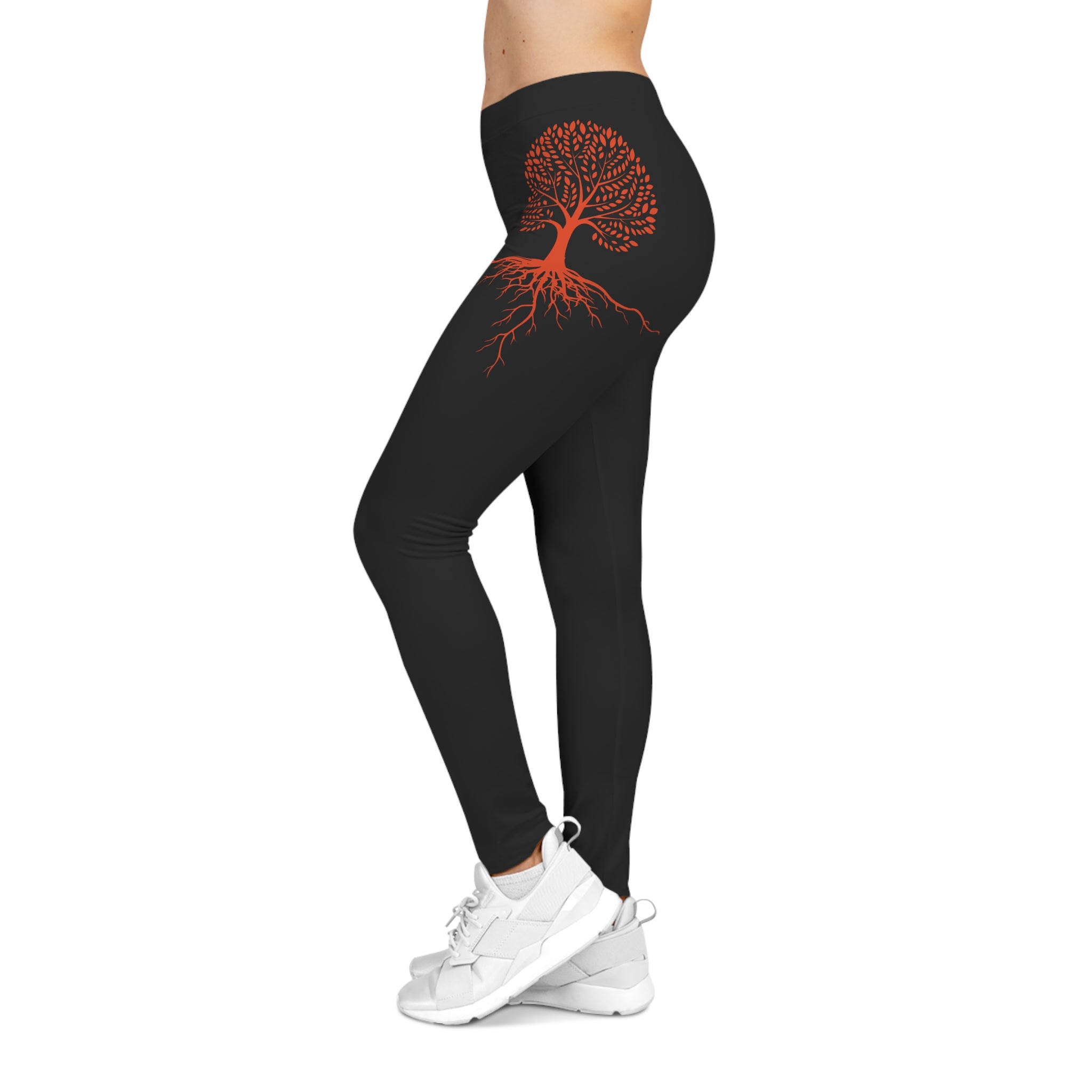 Rooted in Jesus Black & Orange Leggings — Faith-Based Tree of Life Leggings