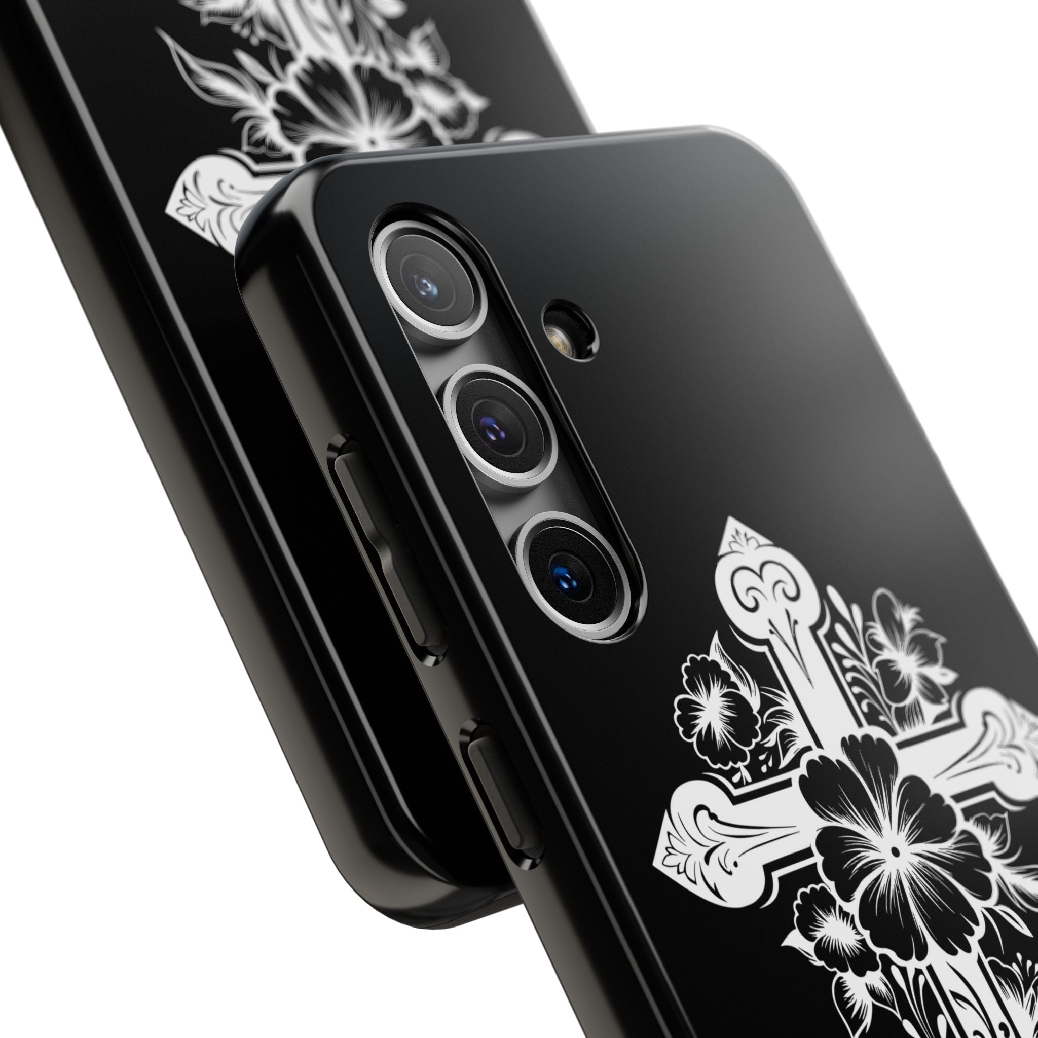 Floral Cross Tough Phone Case — Black Protective Christian Phone Cover