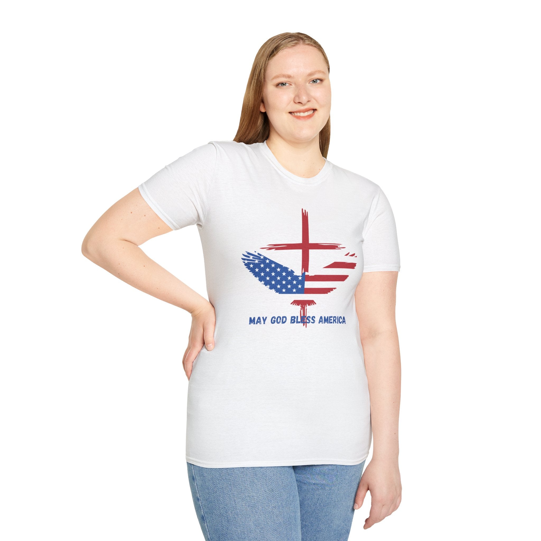 Patriotic Eagle T-Shirt — "May God Bless America" Flag Cross Graphic
