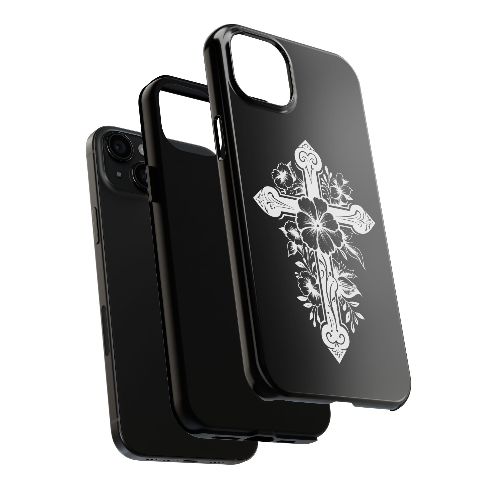 Floral Cross Tough Phone Case — Black Protective Christian Phone Cover