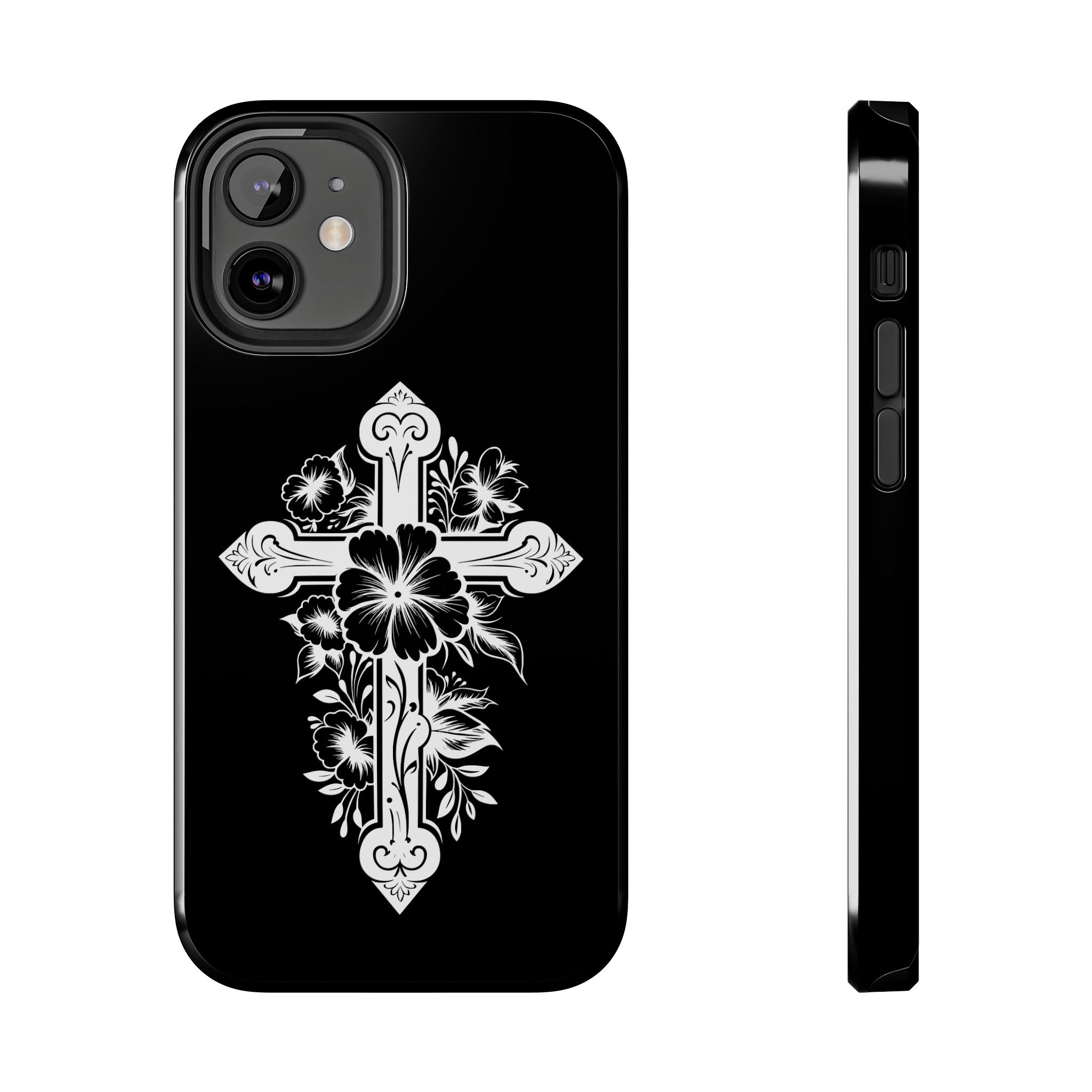 Floral Cross Tough Phone Case — Black Protective Christian Phone Cover