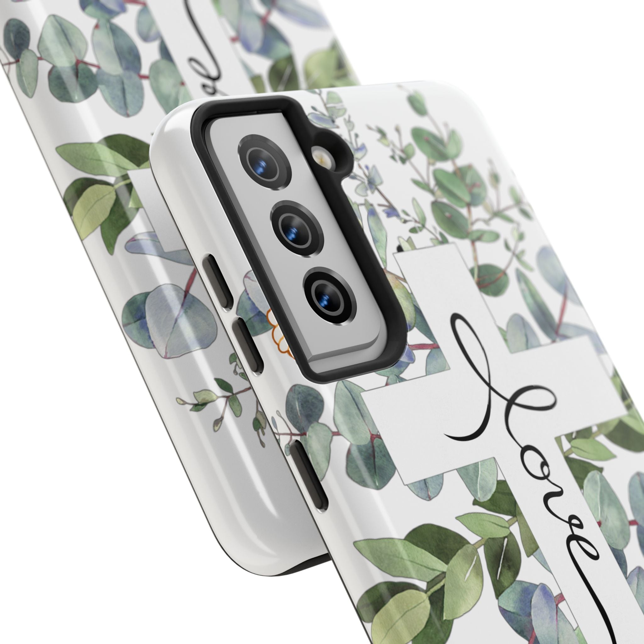 Religious Cross Tough Phone Case — Eucalyptus Floral "Love" Design