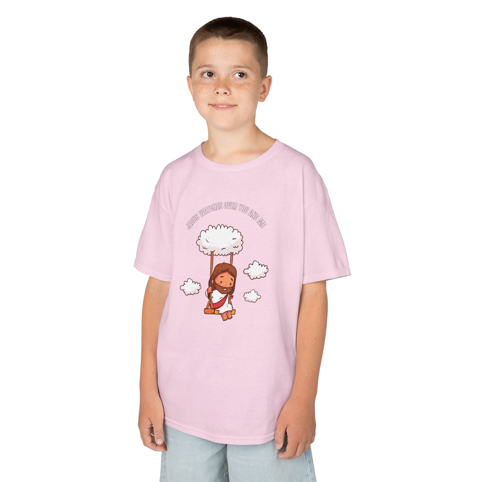 Kids Tee — Cute Jesus on Swing Under Cloud "Jesus Watches Over You and Me"