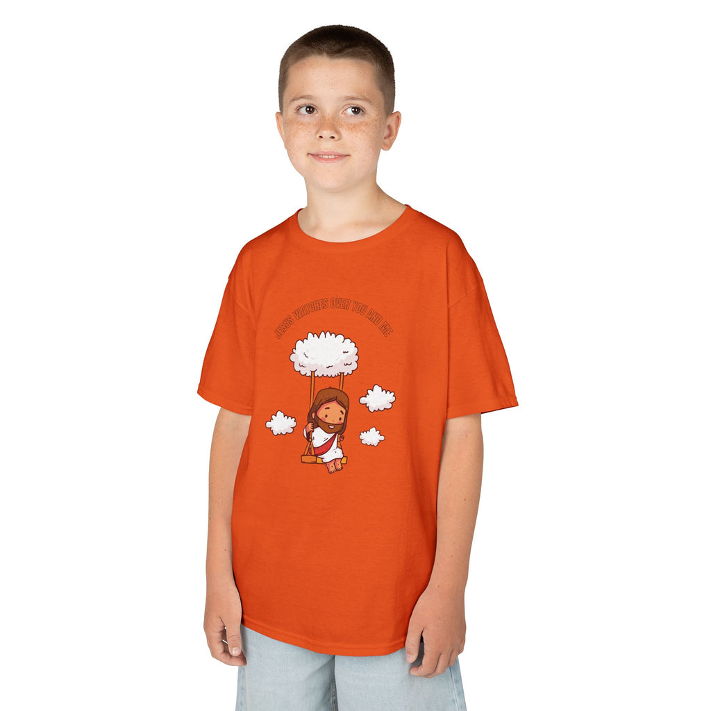 Kids Tee — Cute Jesus on Swing Under Cloud "Jesus Watches Over You and Me"