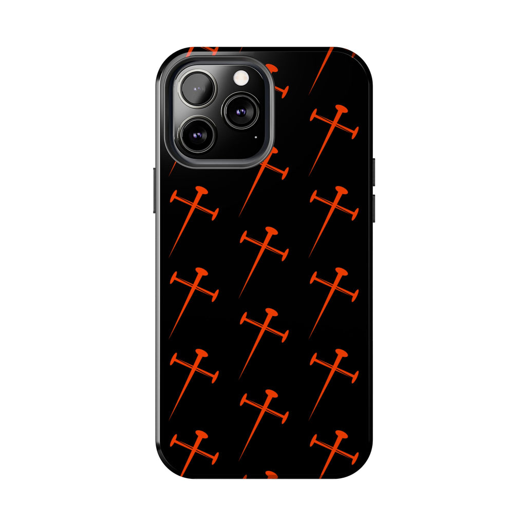 Black Tough Phone Case with Orange Nail Cross Pattern