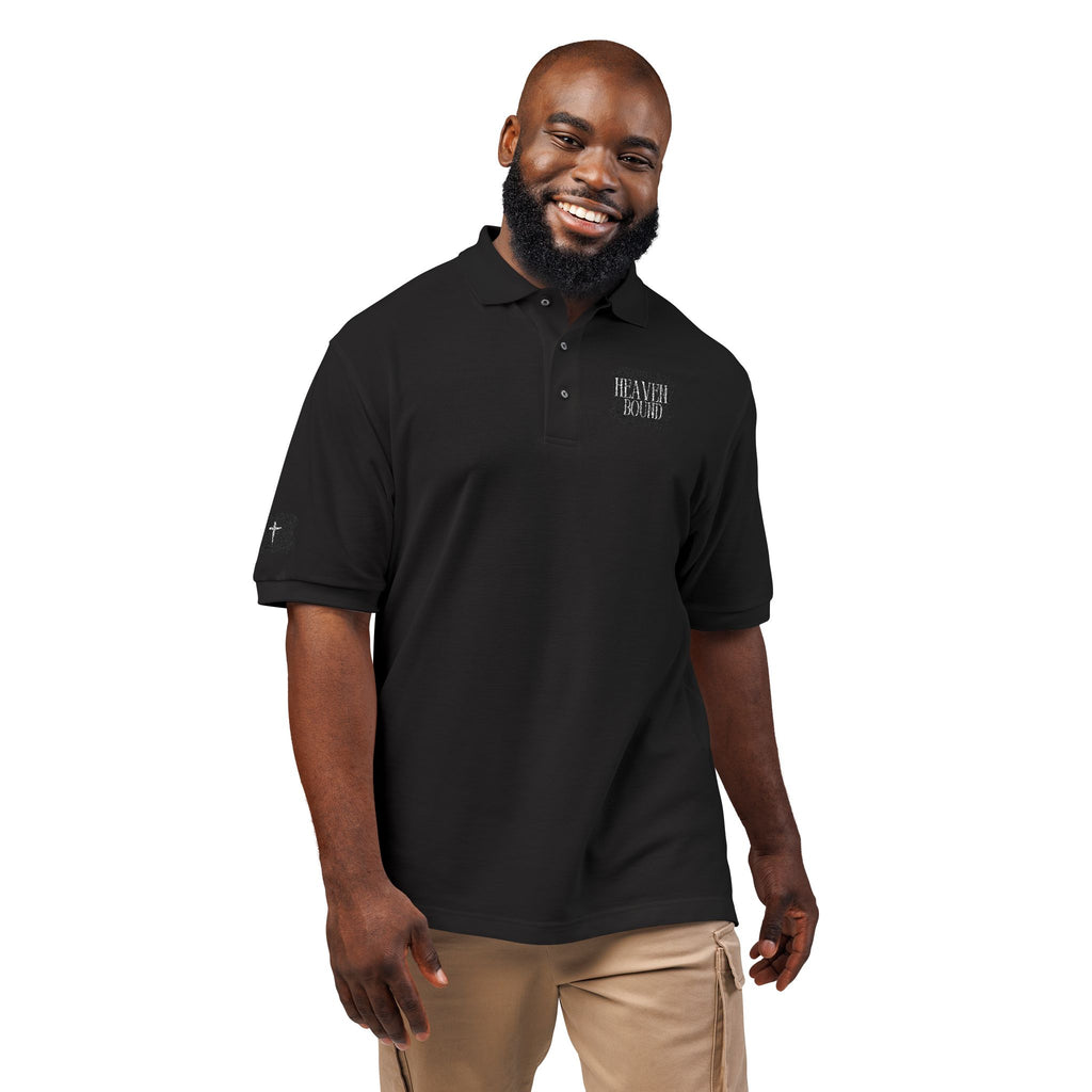 Embroidered Heaven Bound Patch Polo Shirt, Cross on Right Sleeve