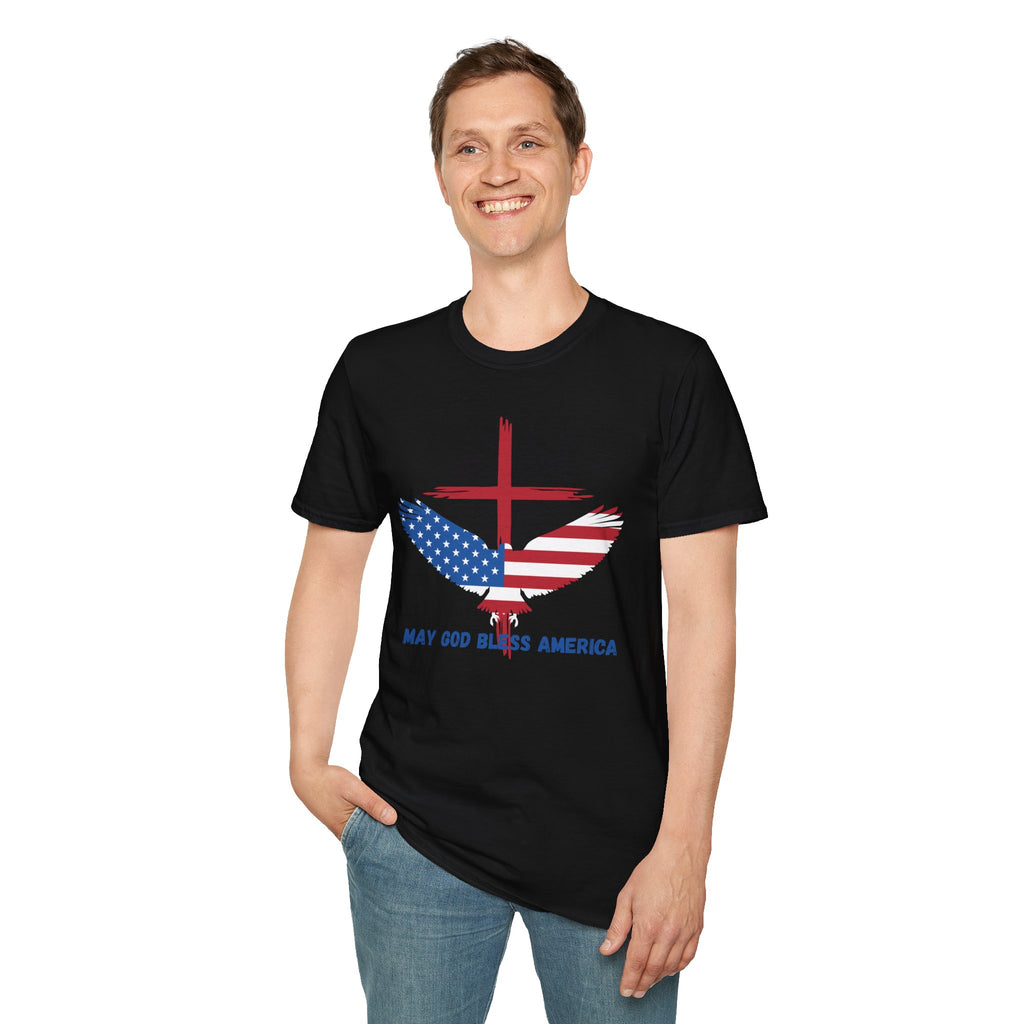 Patriotic Eagle T-Shirt — "May God Bless America" Flag Cross Graphic