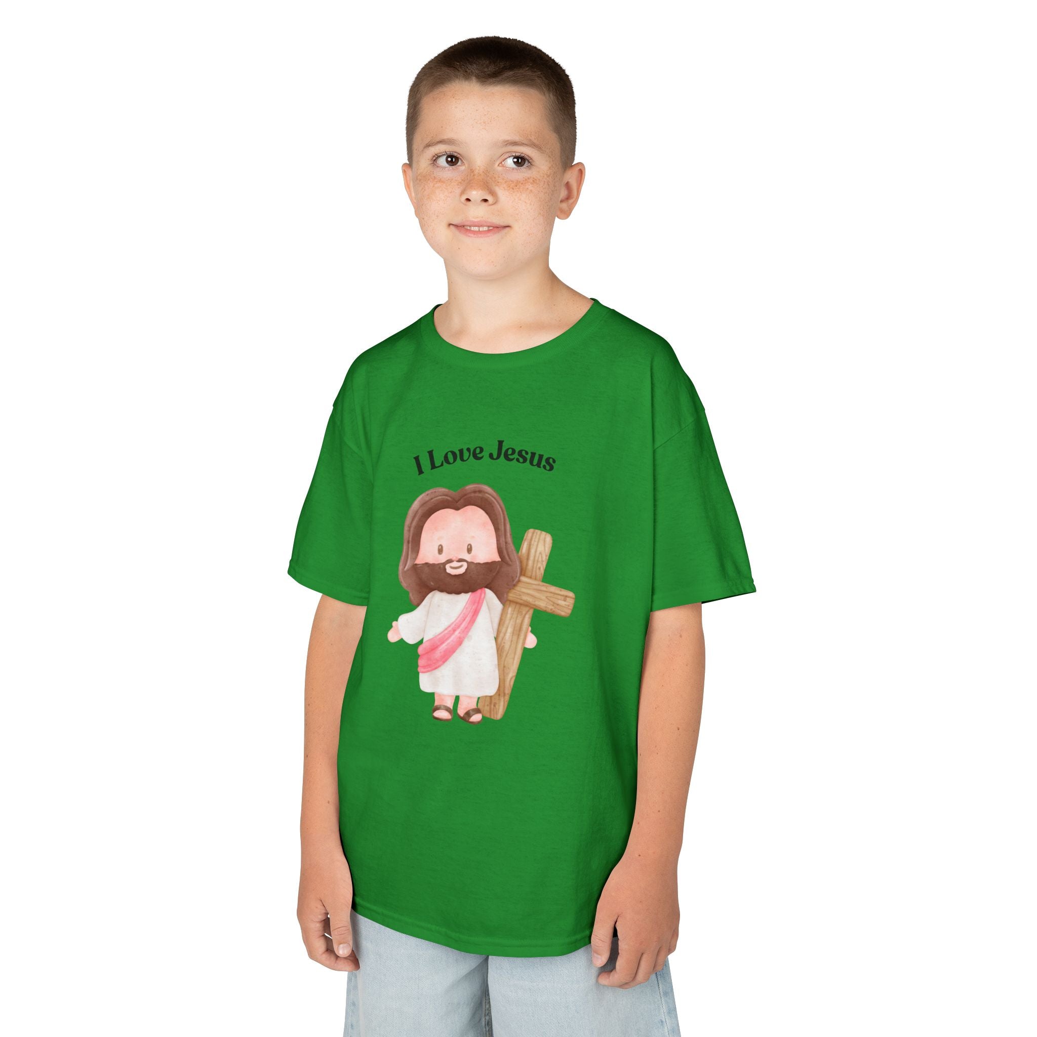 Kids T-Shirt — Cute "I Love Jesus" Cartoon Jesus Holding Cross — Christian Easter Gift for Children