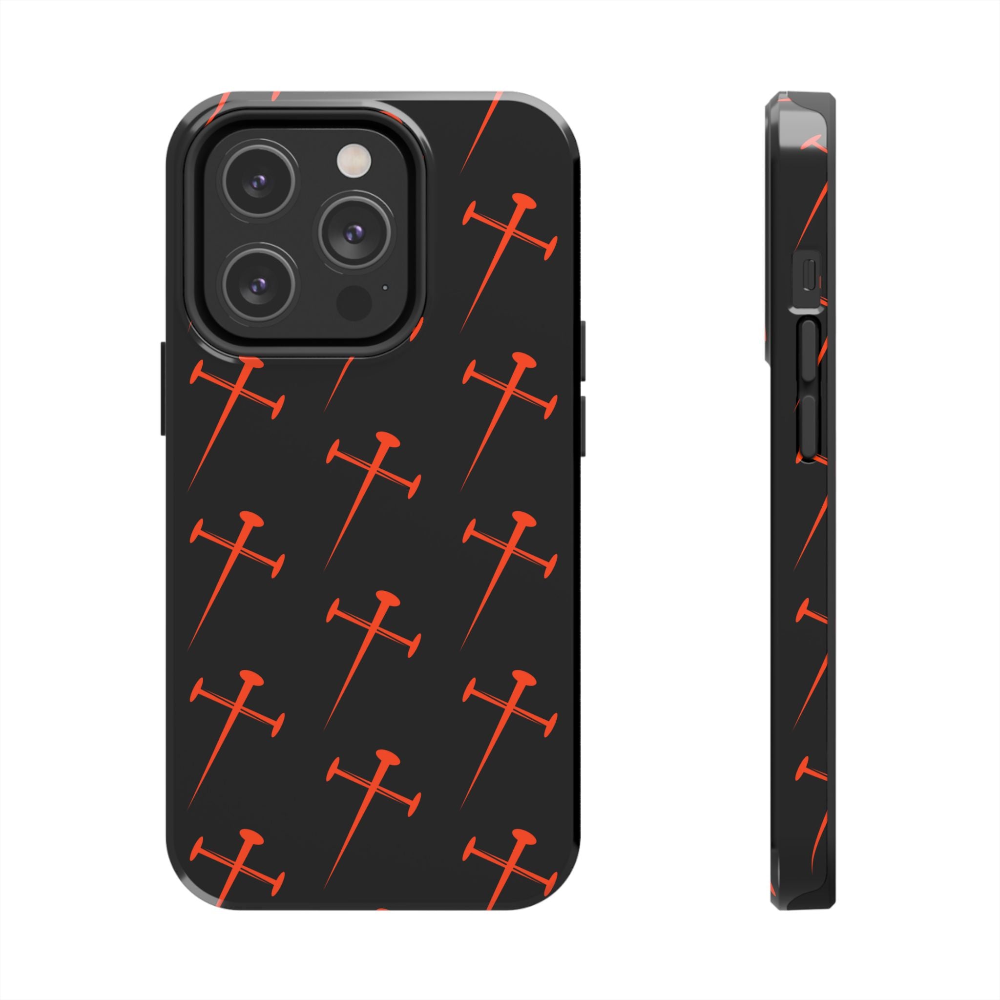 Black Tough Phone Case with Orange Nail Cross Pattern