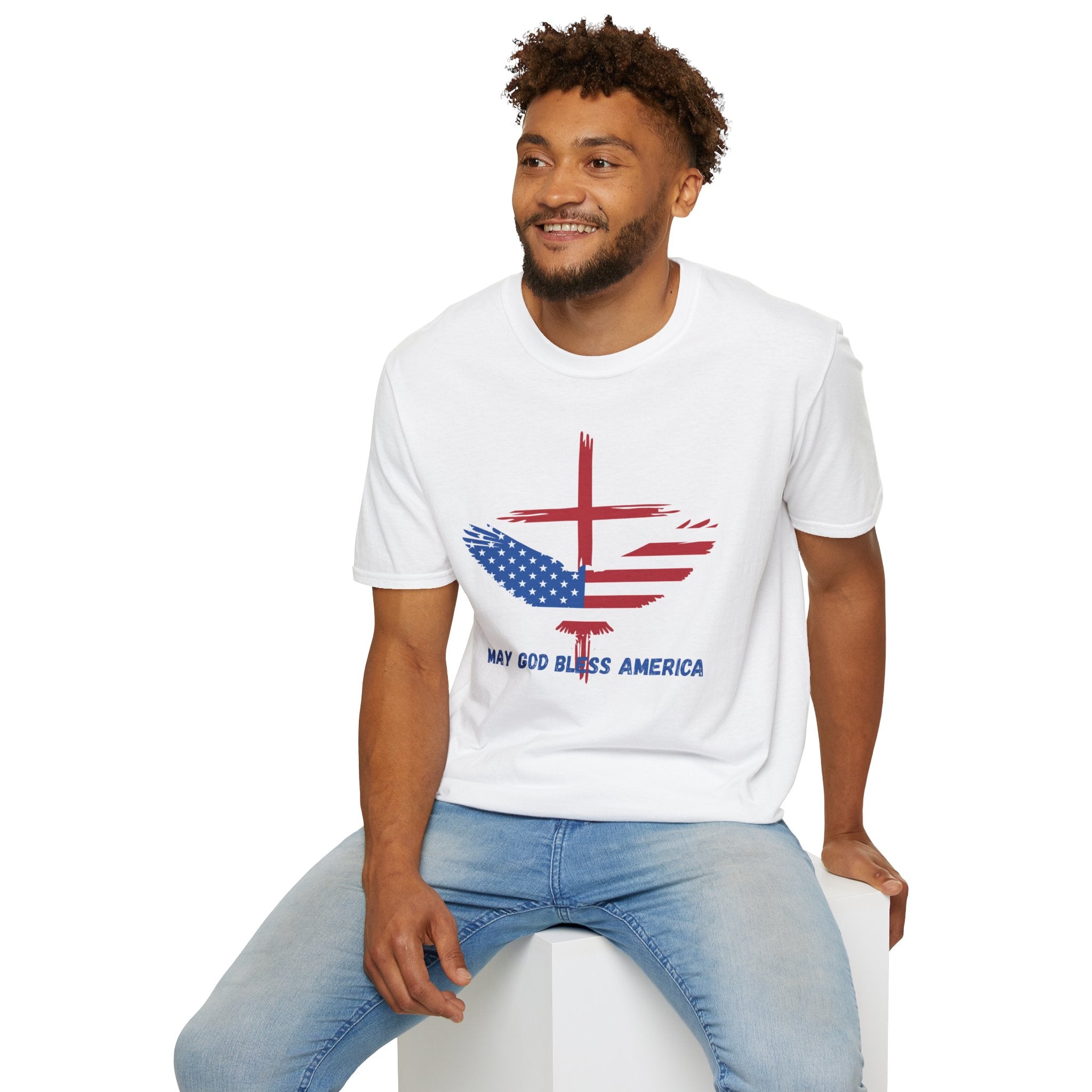 Patriotic Eagle T-Shirt — "May God Bless America" Flag Cross Graphic