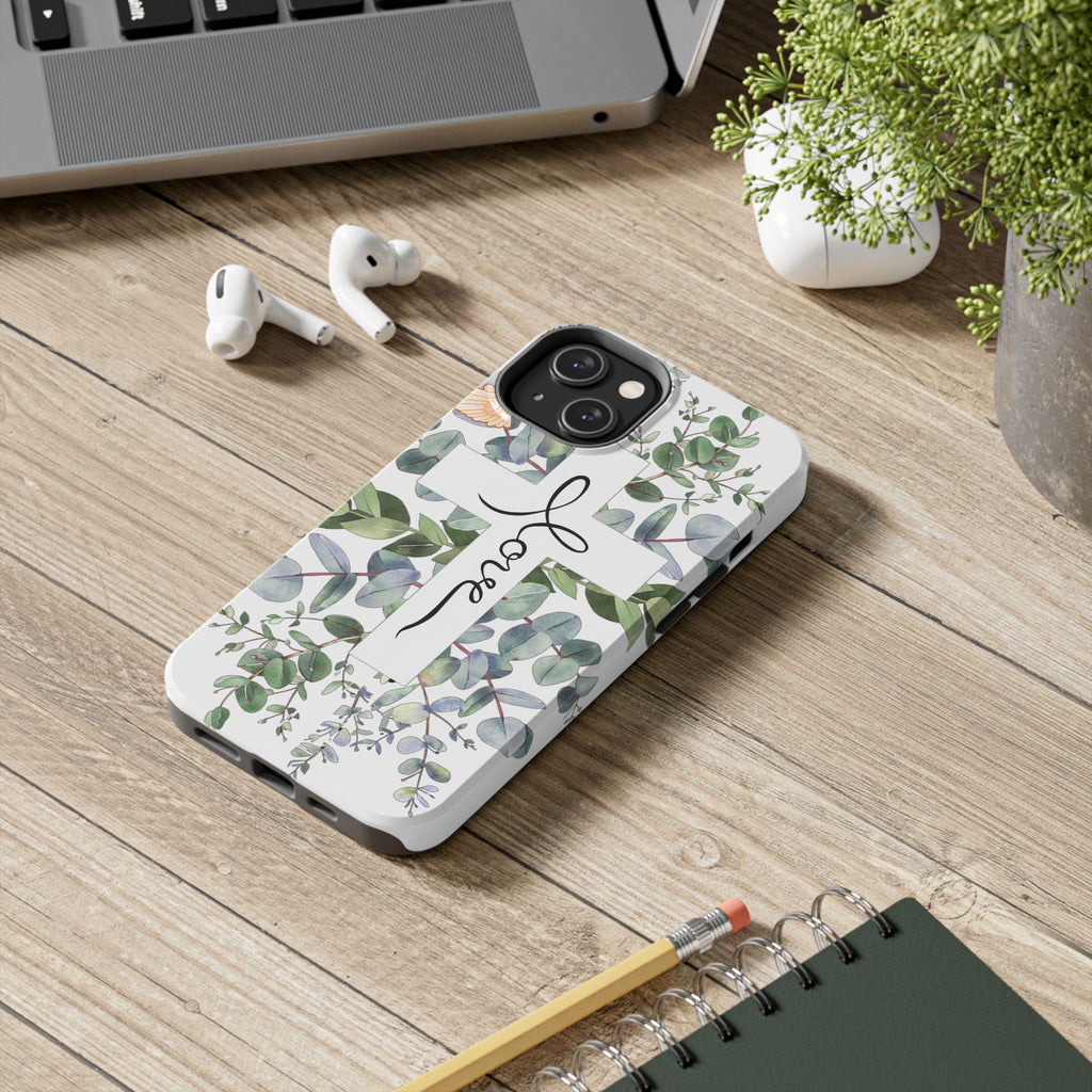 Religious Cross Tough Phone Case — Eucalyptus Floral "Love" Design