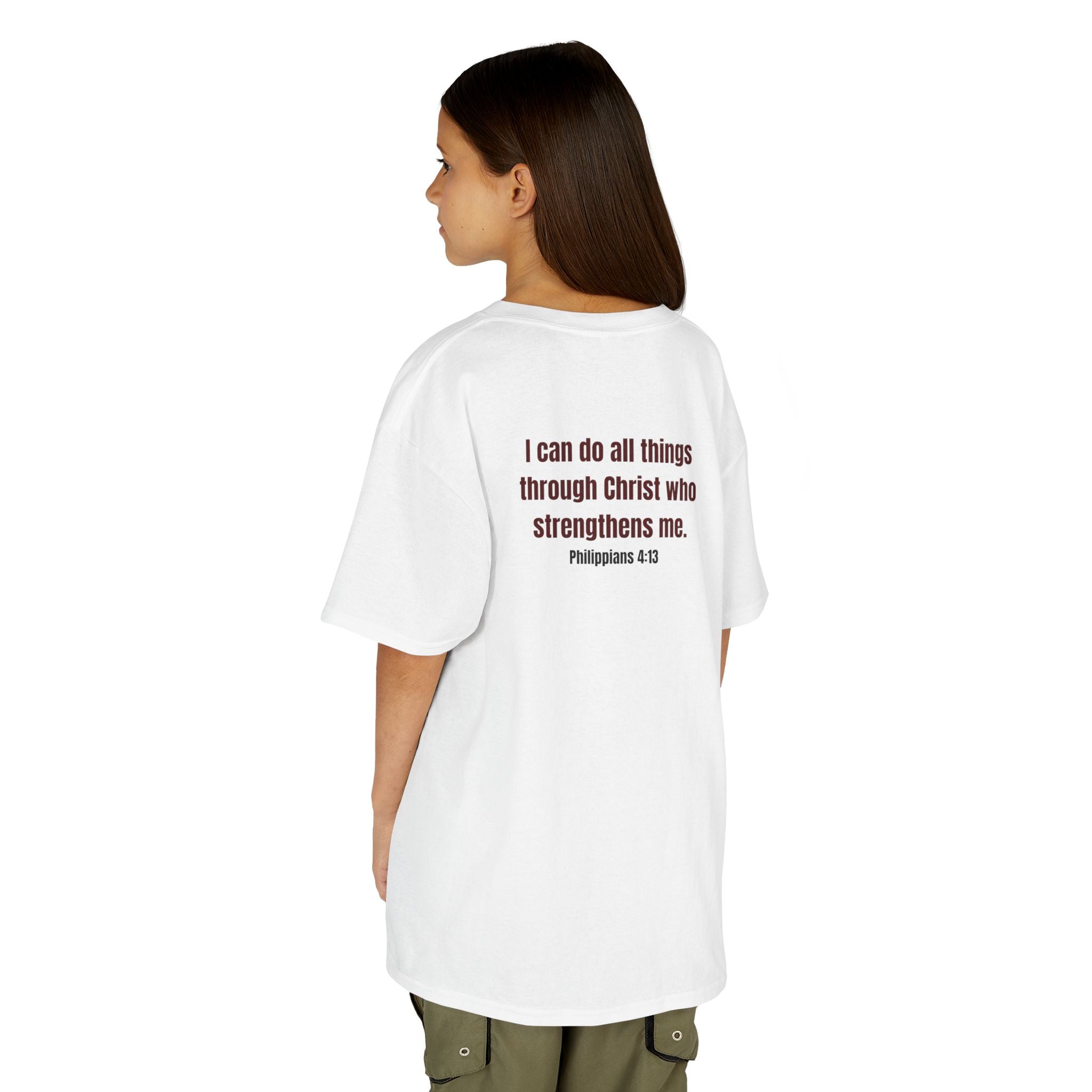 Kids Tee — "Strong" Muscle Graphic with Philippians 4:13 Back (Christian Inspirational)