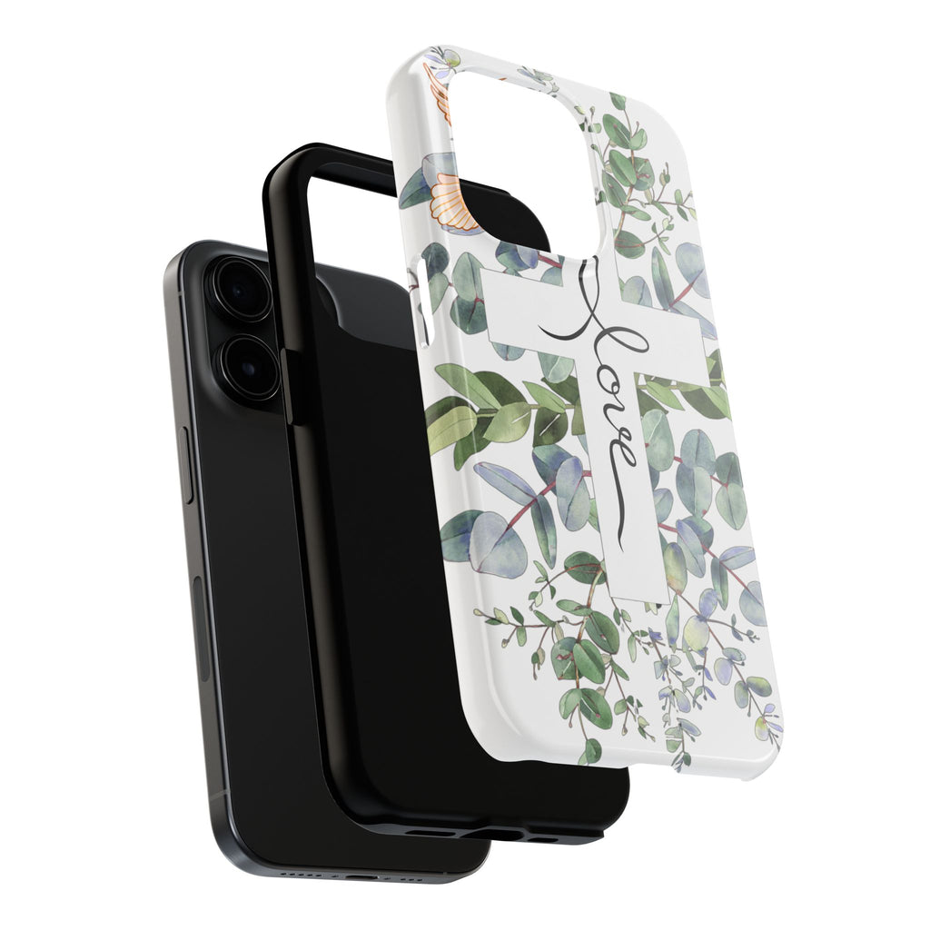 Religious Cross Tough Phone Case — Eucalyptus Floral "Love" Design