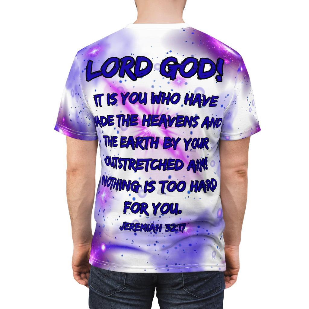 Galaxy Christian Tee — Cosmic Nebula All-Over Print Shirt "Lord God" "It Is You Who Have Created The Heavens and Earth..."