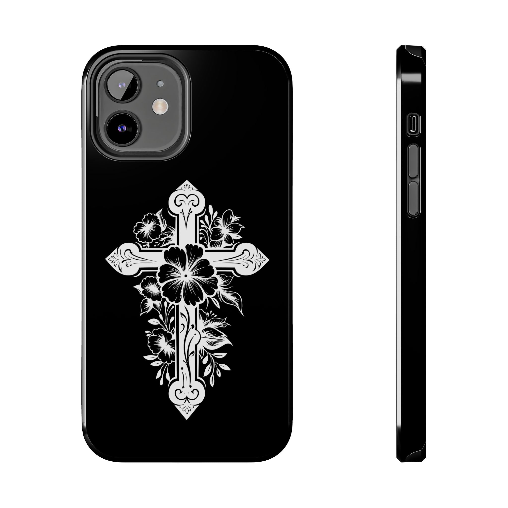 Floral Cross Tough Phone Case — Black Protective Christian Phone Cover