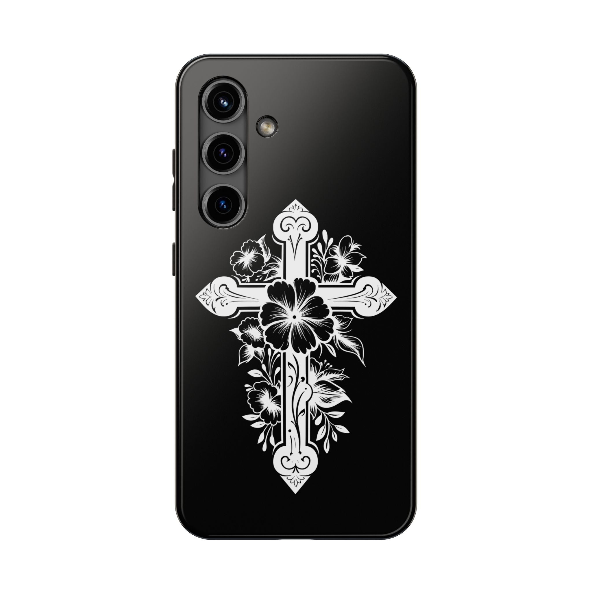 Floral Cross Tough Phone Case — Black Protective Christian Phone Cover