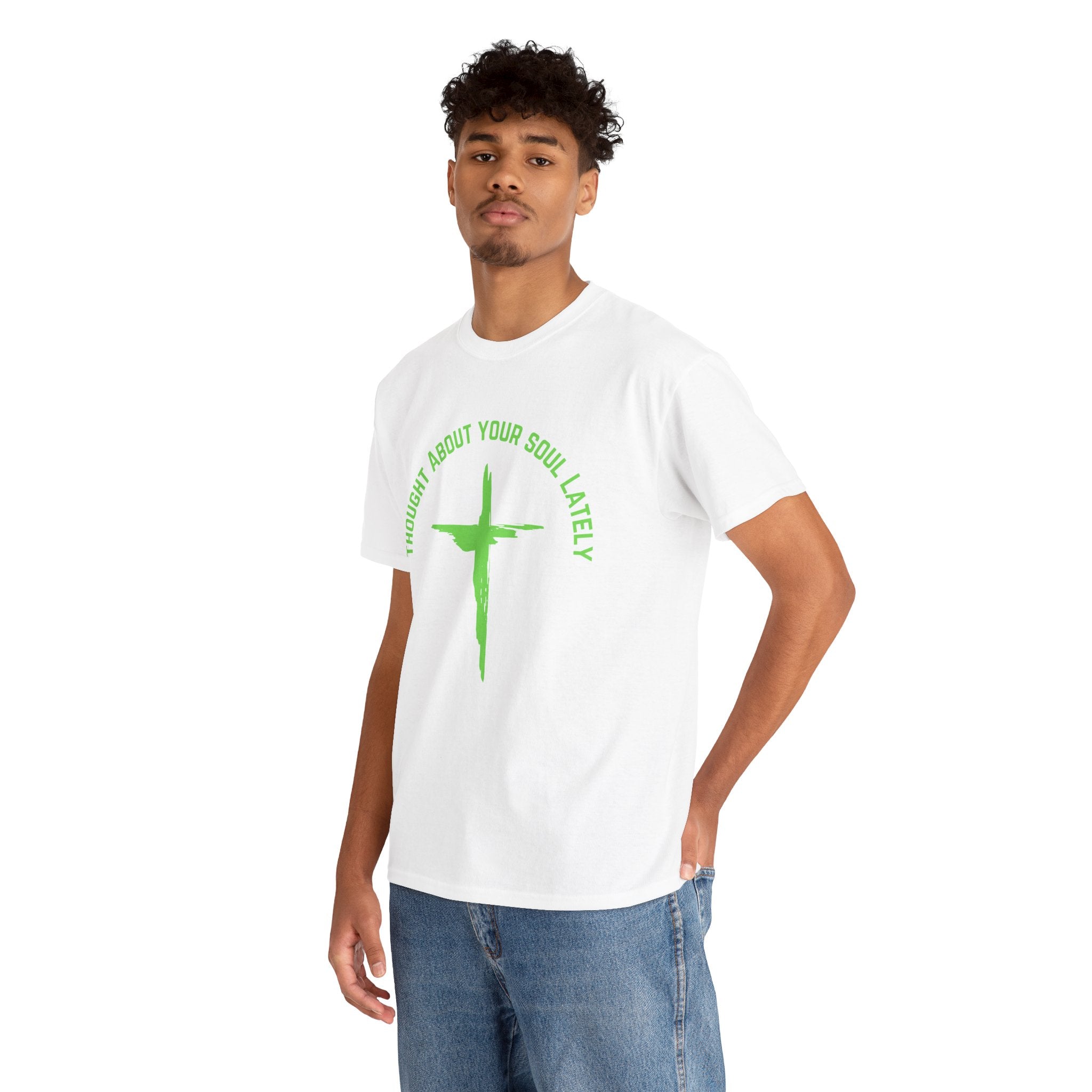 “Thought About Your Soul Lately” Cross Tee — Neon Green Spiritual Graphic T-Shirt