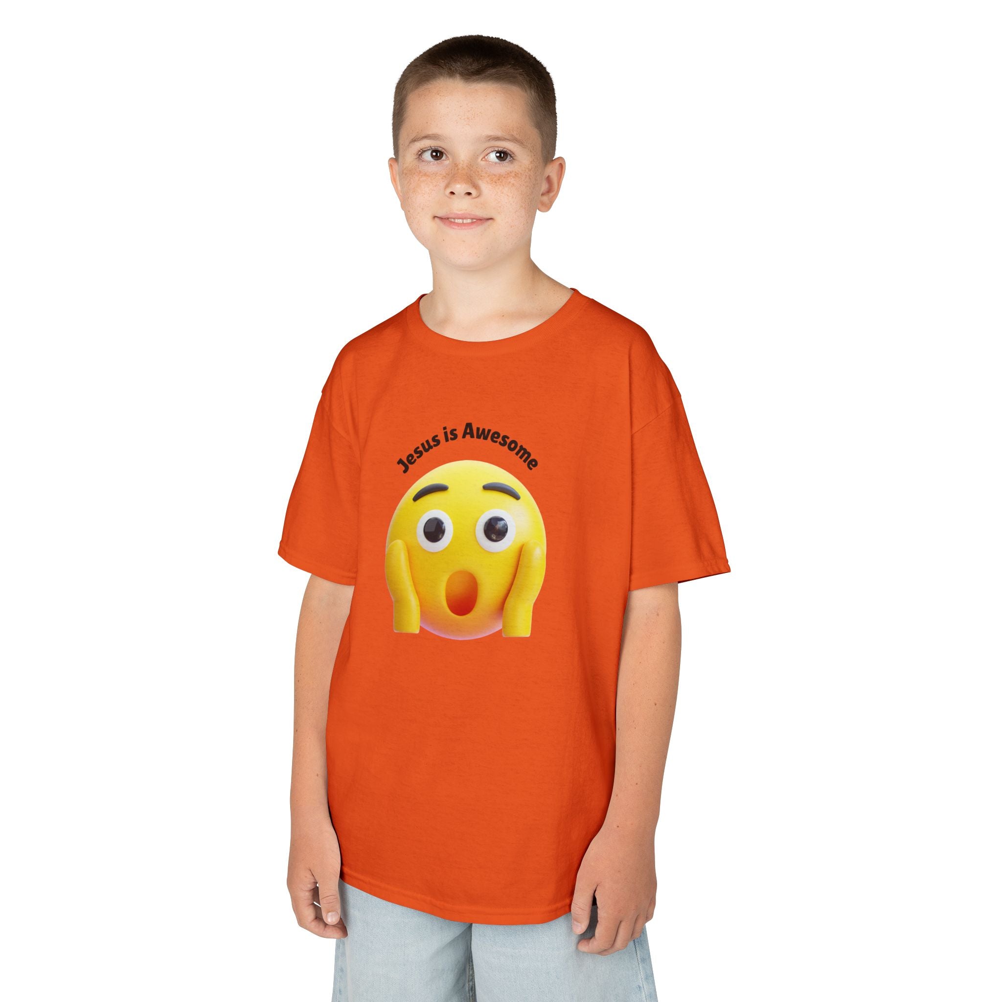 Kids T-Shirt — "Jesus Is Awesome" Surprised Emoji Graphic
