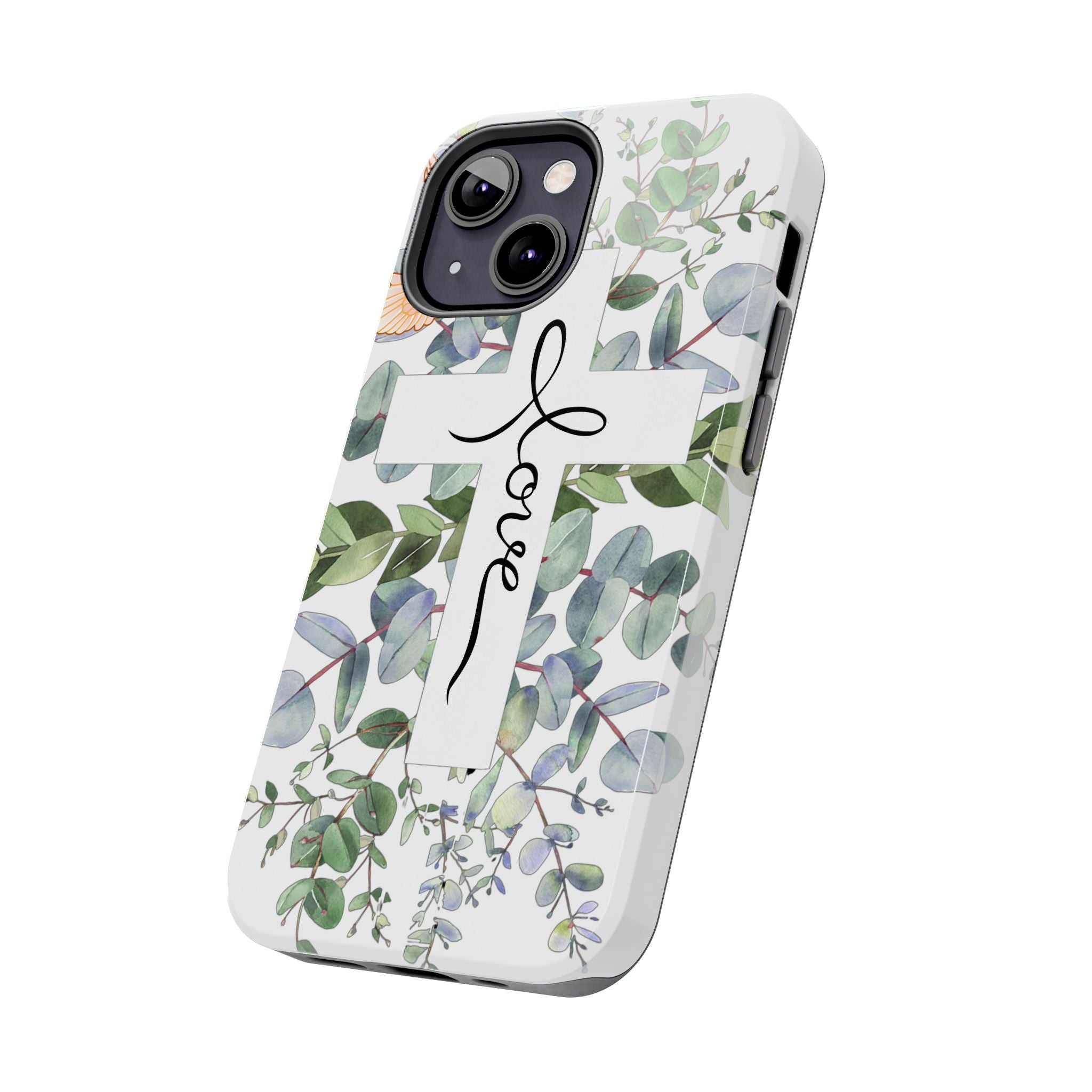 Religious Cross Tough Phone Case — Eucalyptus Floral "Love" Design
