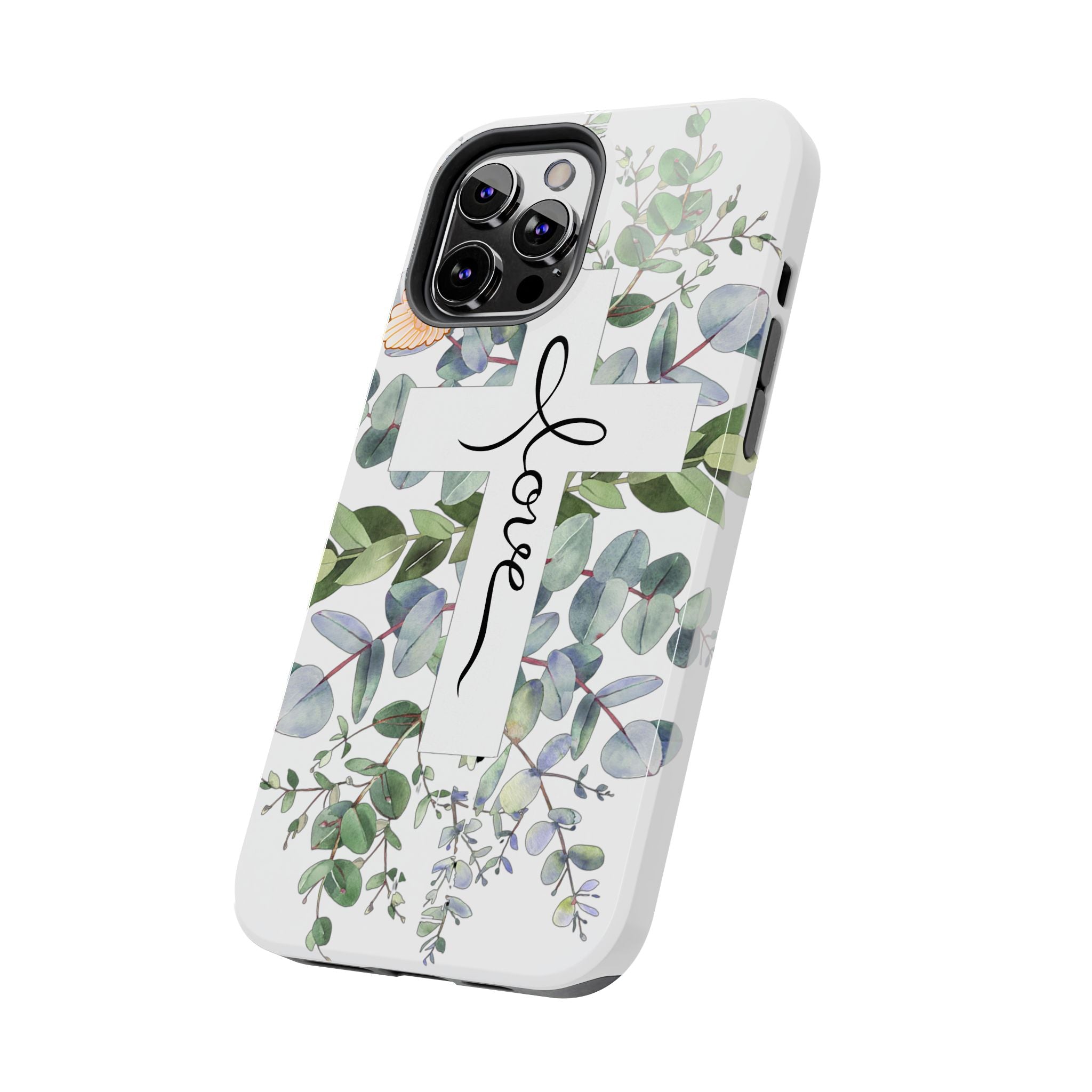Religious Cross Tough Phone Case — Eucalyptus Floral "Love" Design