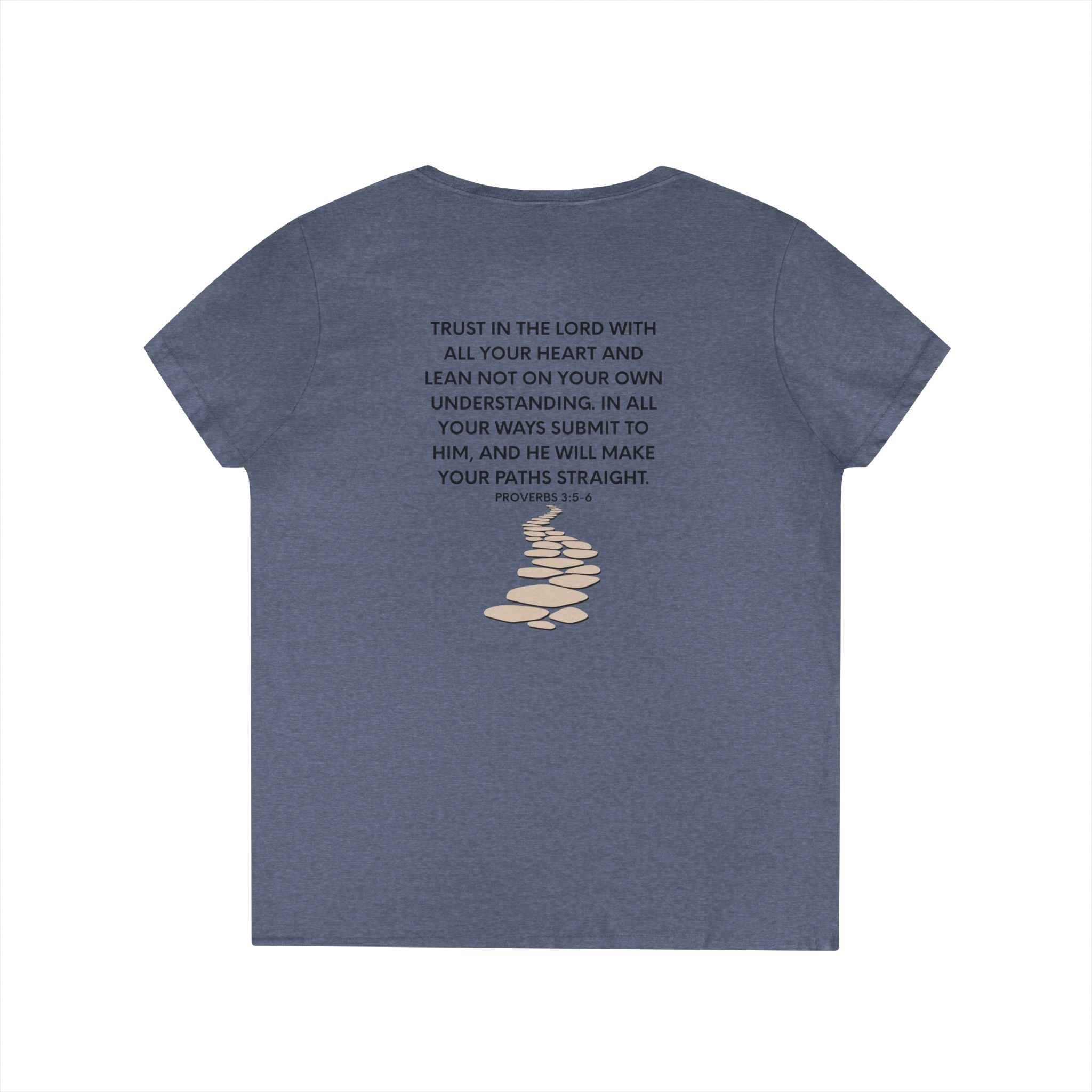 Ladies' V-Neck T-Shirt — Heart "TRUST" Faith Tee with Proverbs 3:5 Back Design