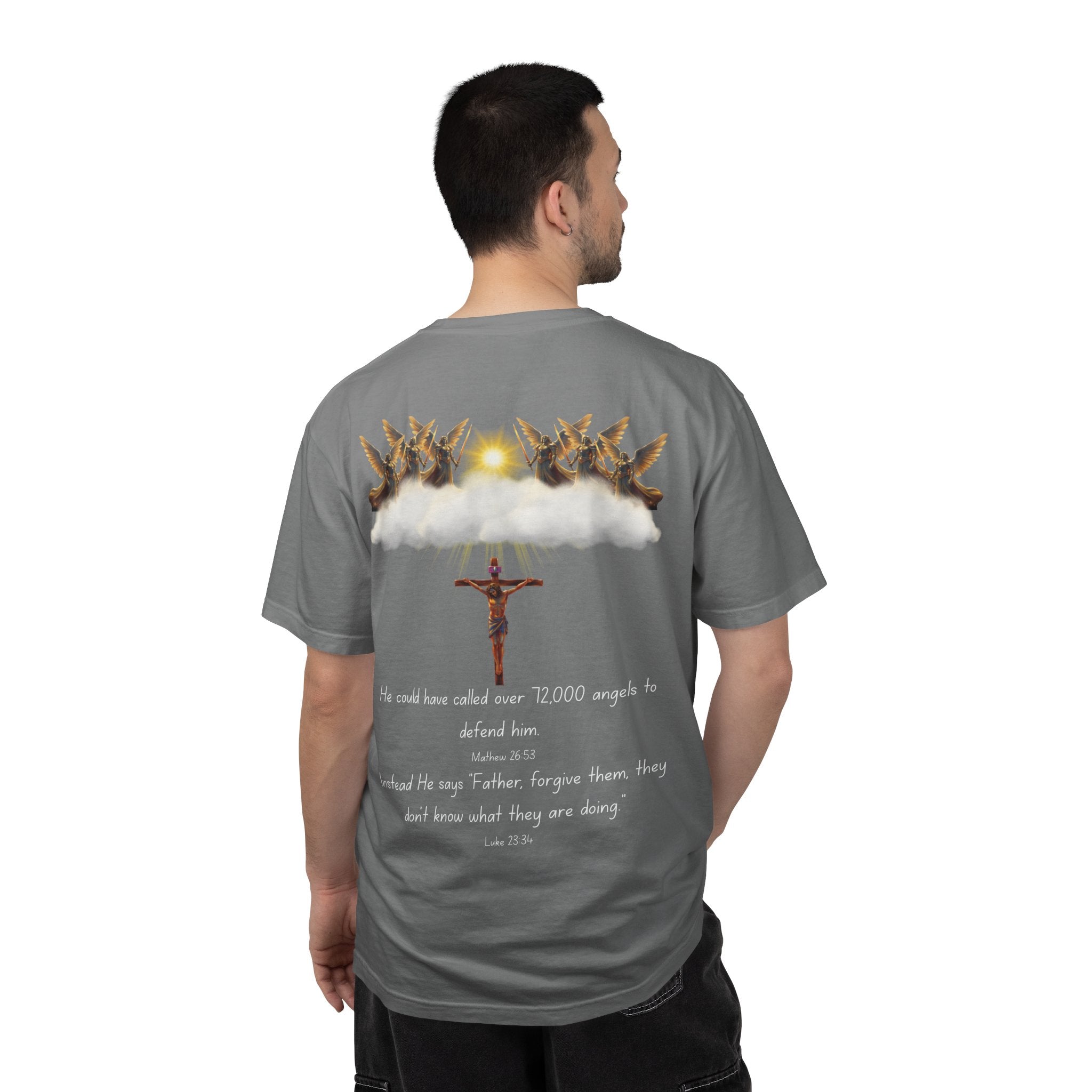 Christian Mercy & Forgiveness T-Shirt — Scripture Cross Back Design